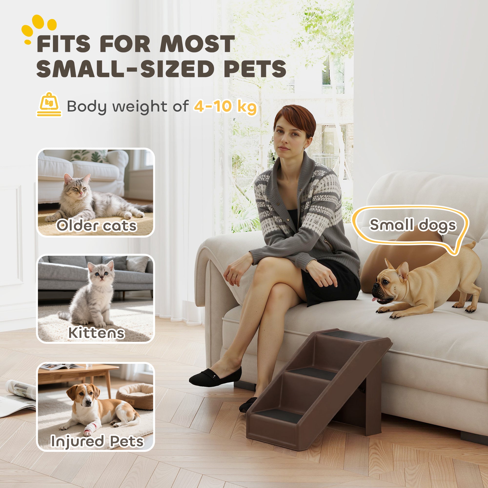 3-Step Foldable Pet Stairs, 14.4" High – Entry Ramp for Small Dogs & Cats, Brown