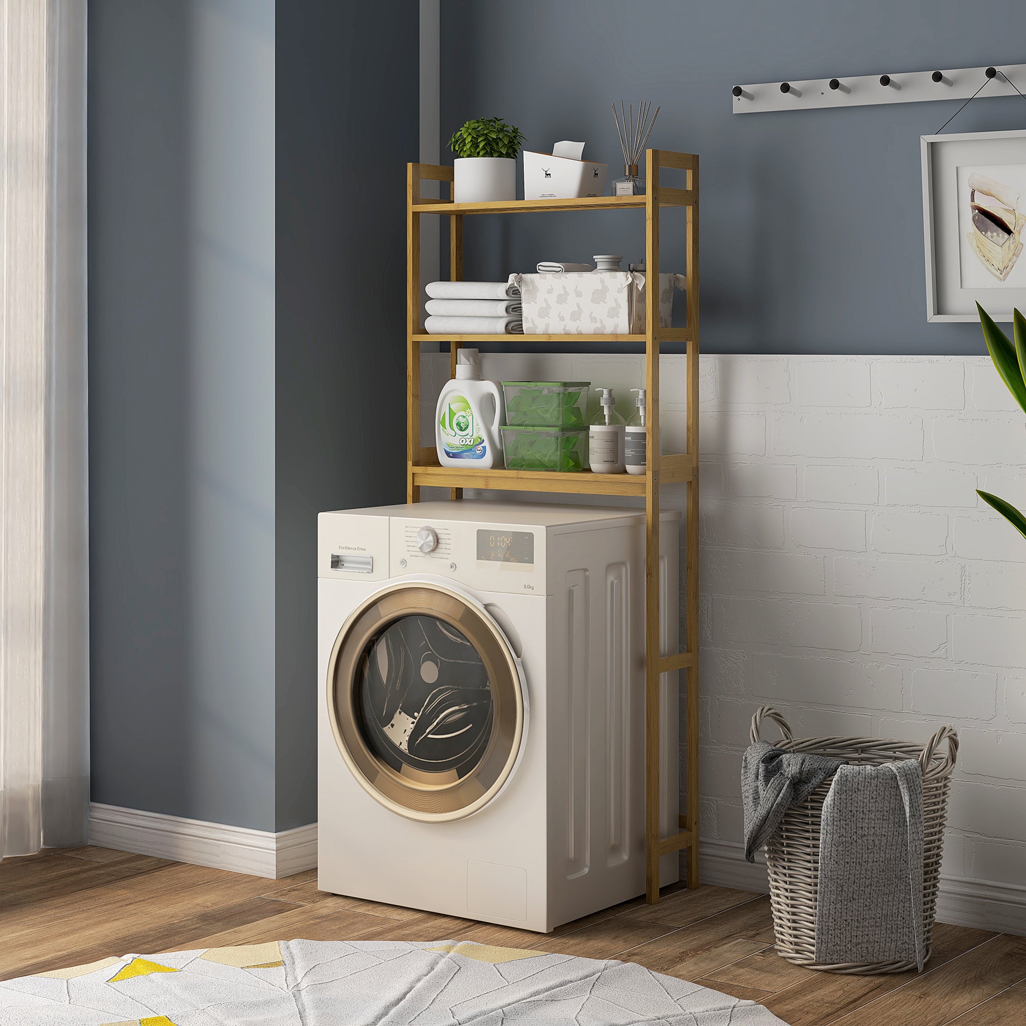 Toilet Rack 3-Tier Bamboo Bathroom Shelf Multifunctional WC Rack Laundry Room Shelf, for Bathroom, Toilet, Laundry Room, Natural