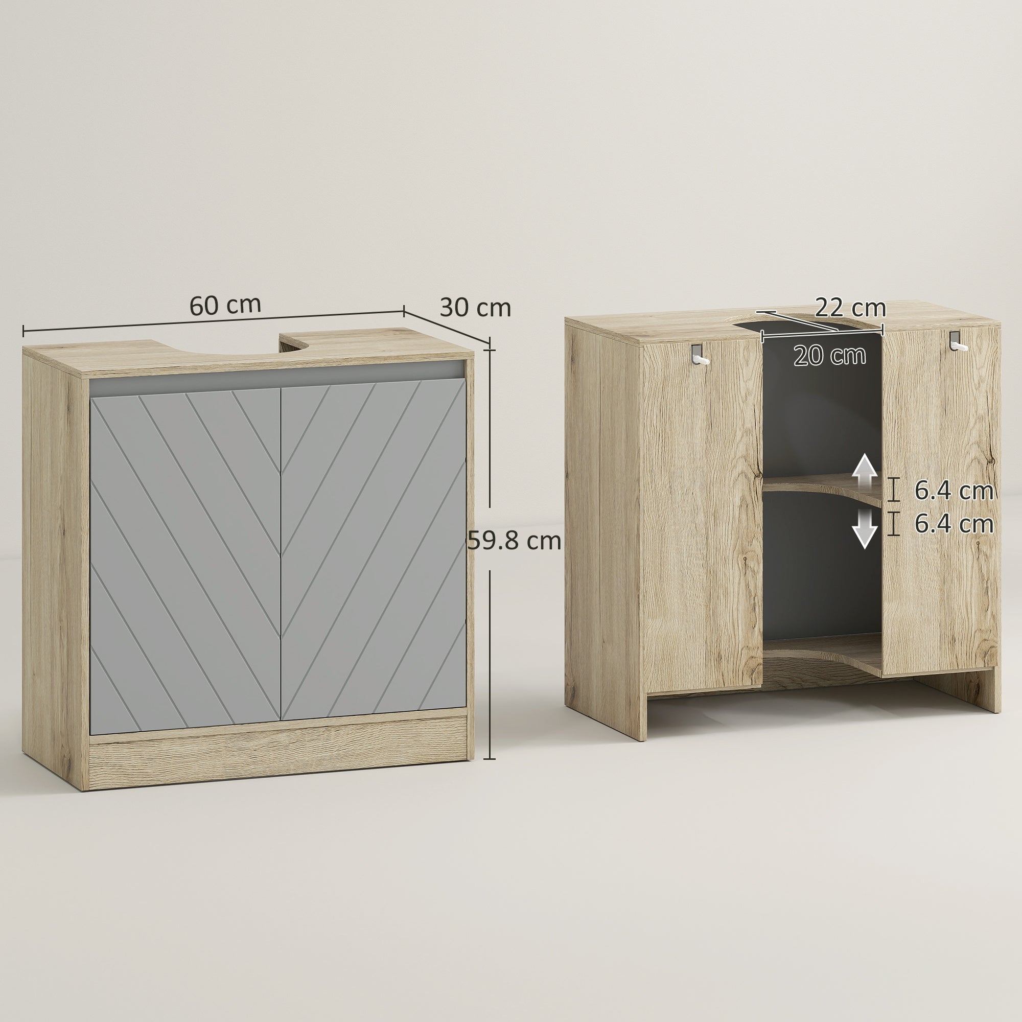 Under Sink Bathroom Cabinet Floor Standing Vanity Unit with Double Door and Adjustable Shelf Load 50 kg 60x30x59.8 cm Oak and Gray