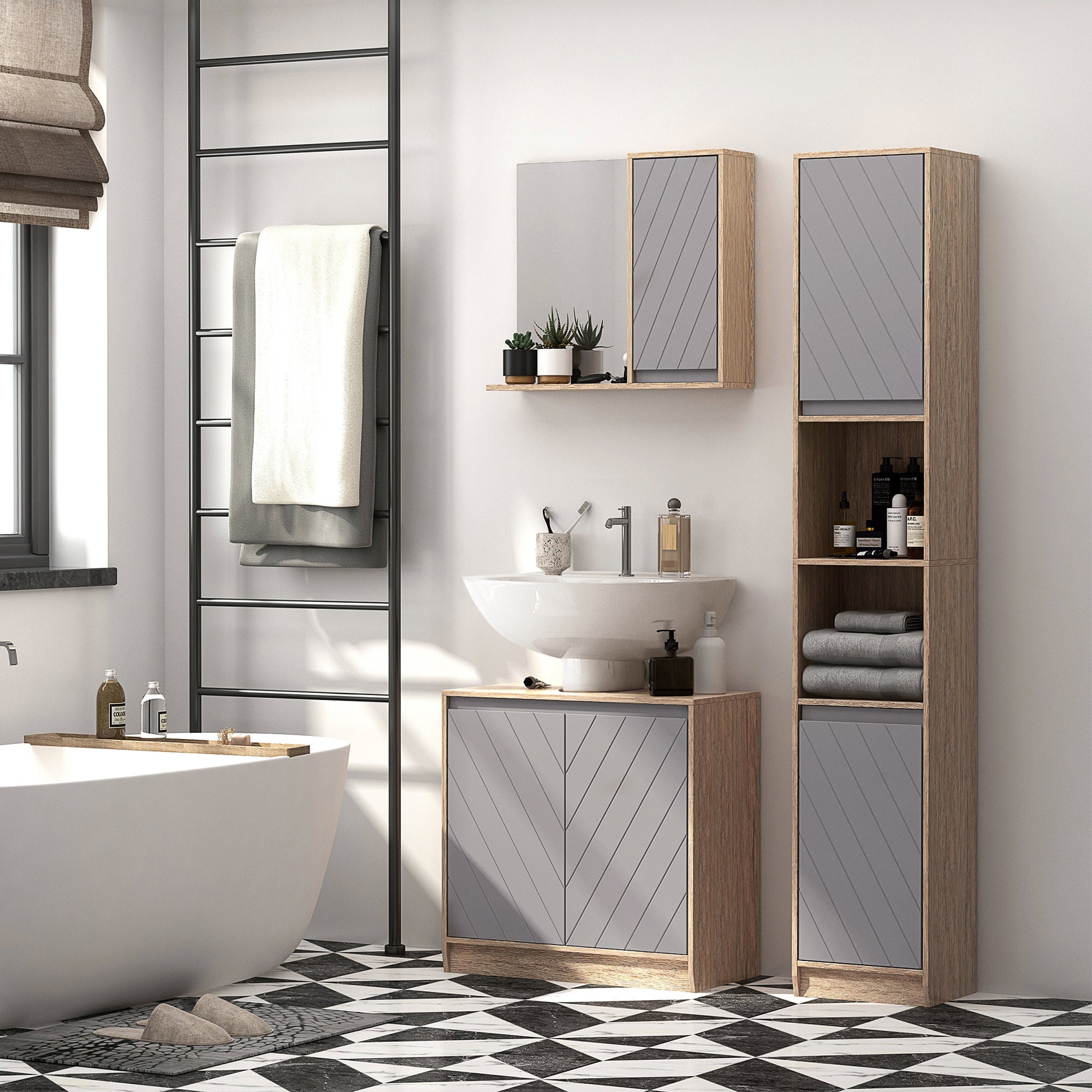 Under Sink Bathroom Cabinet Floor Standing Vanity Unit with Double Door and Adjustable Shelf Load 50 kg 60x30x59.8 cm Oak and Gray