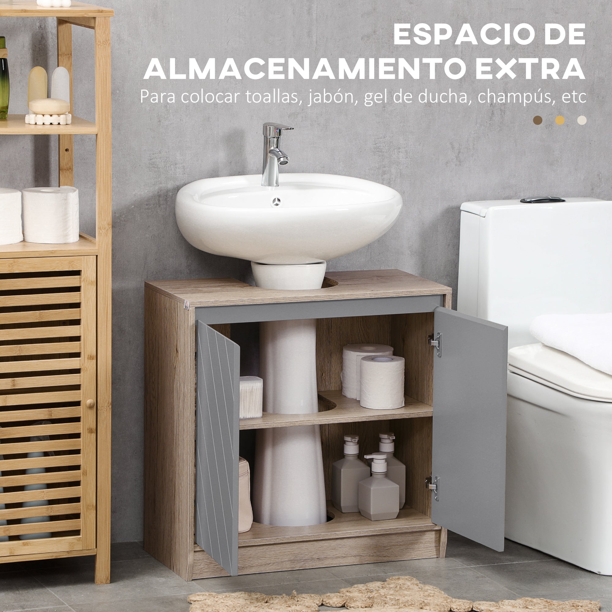 Under Sink Bathroom Cabinet Floor Standing Vanity Unit with Double Door and Adjustable Shelf Load 50 kg 60x30x59.8 cm Oak and Gray