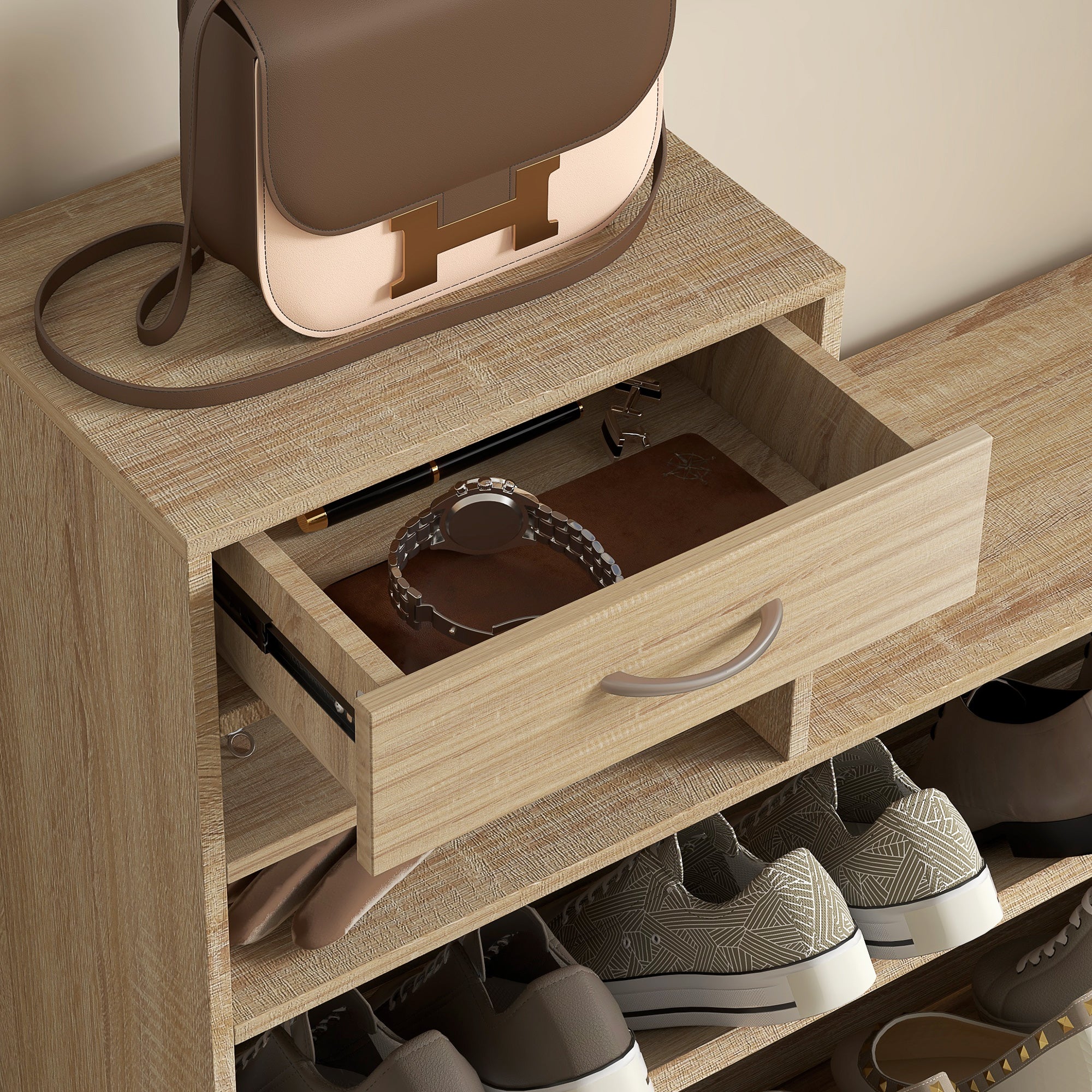 Modern Entryway Furniture Set with Shoe Bench and Mirror, Entryway Hall Tree with 6 Hooks, 2 Adjustable Shelves, and Drawers in Wood for Hallway, 90x24x177 cm, Oak