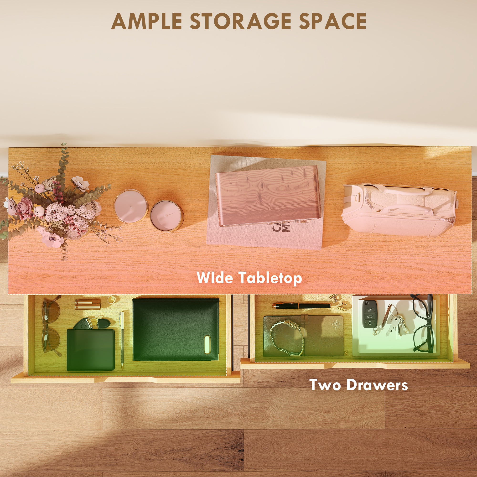 Narrow Console Table with 2 Drawers, Industrial Metal Frame, Natural – 110 × 35 × 76.5 cm (43.3″ × 13.8″ × 30.1″)