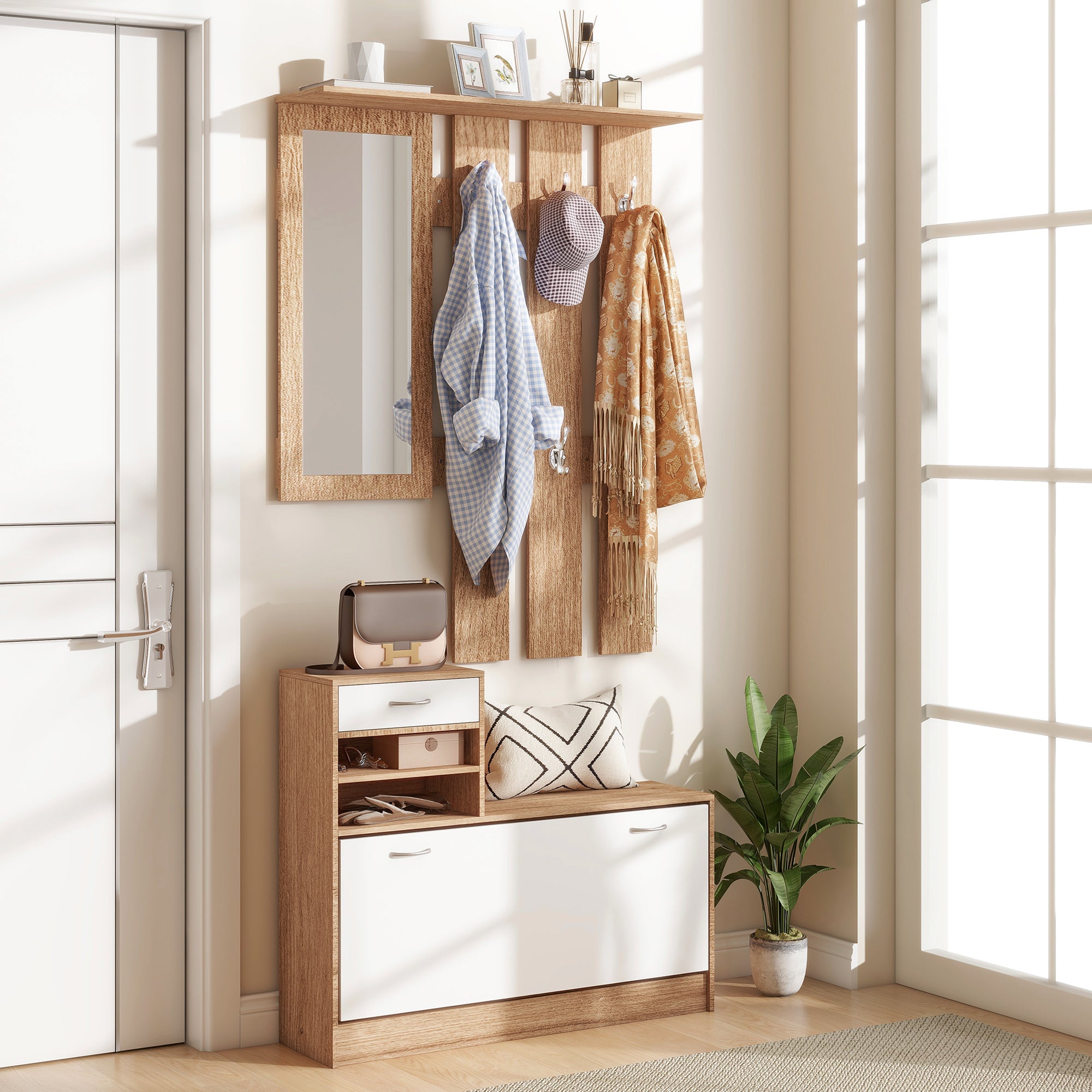 3-in-1 Entrance Furniture Set with Coat Rack Panel, Mirror, and Shoe Bench - 6 Hooks and Adjustable Shelf, Walnut and White