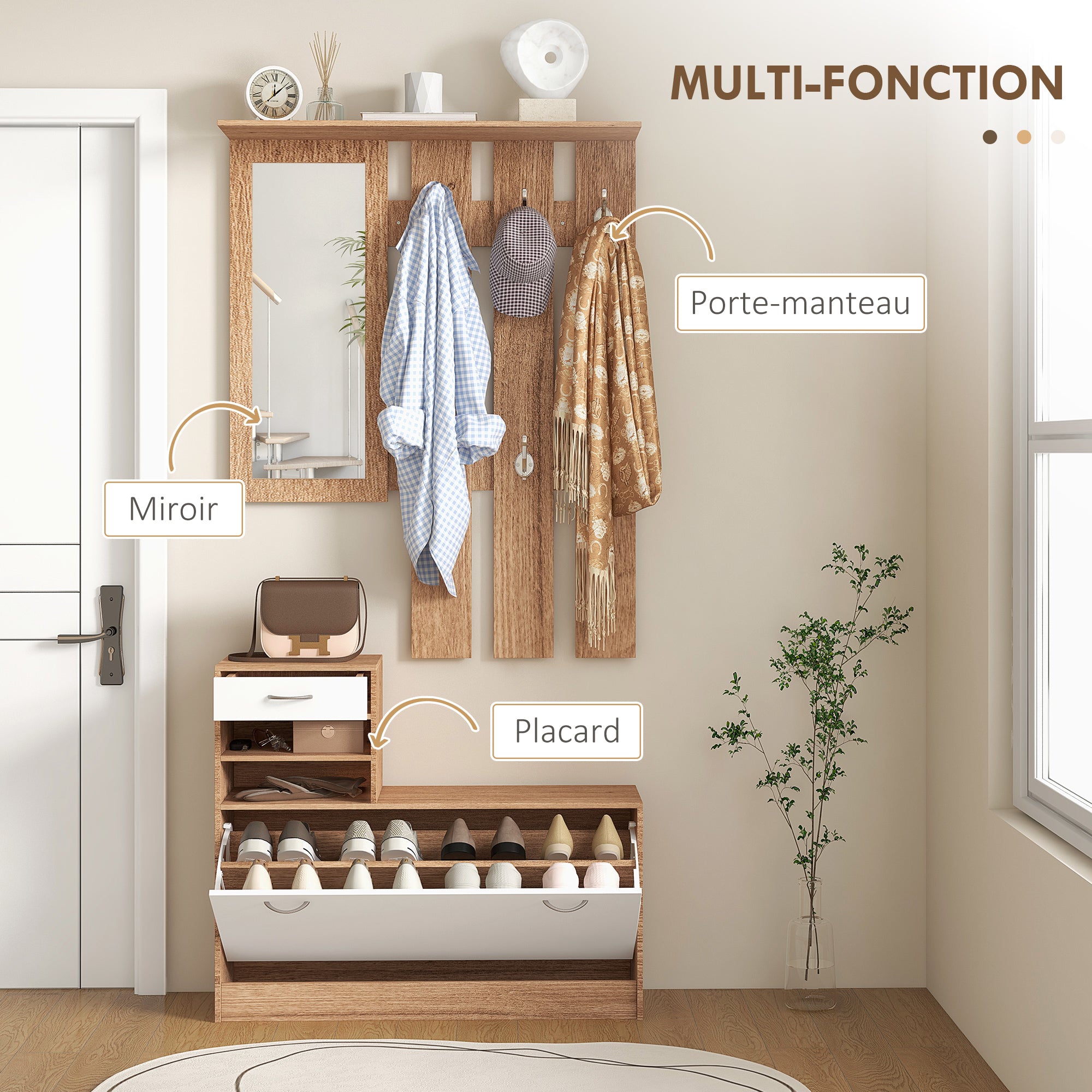 3-in-1 Entrance Furniture Set with Coat Rack Panel, Mirror, and Shoe Bench - 6 Hooks and Adjustable Shelf, Walnut and White