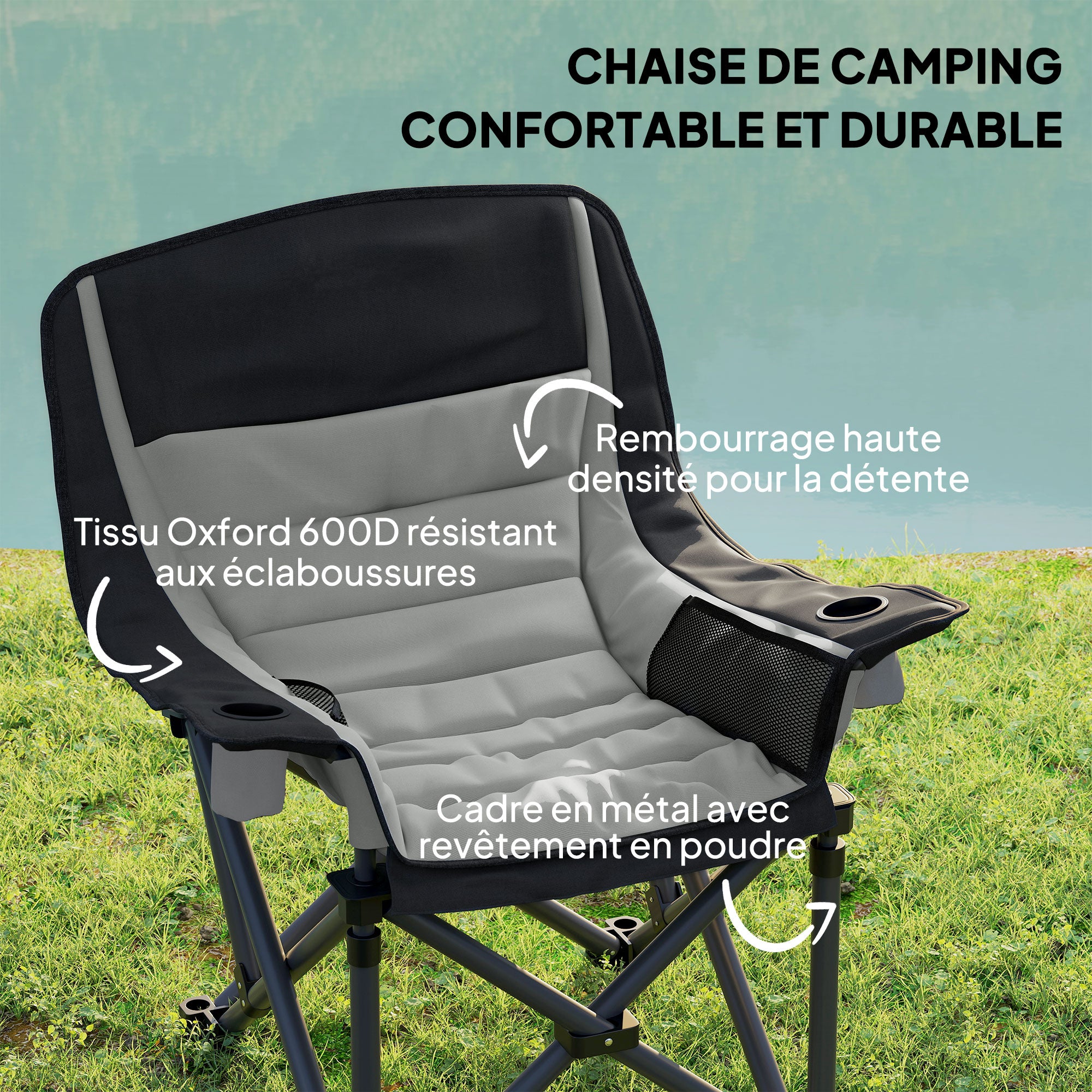 Folding Camping Chair, Portable Fishing Chair, Padded Seat, Cup Holders, Side Pockets, and Carry Bag, Folding Armchair for Hiking, Fishing, Beach, and Picnic, Black