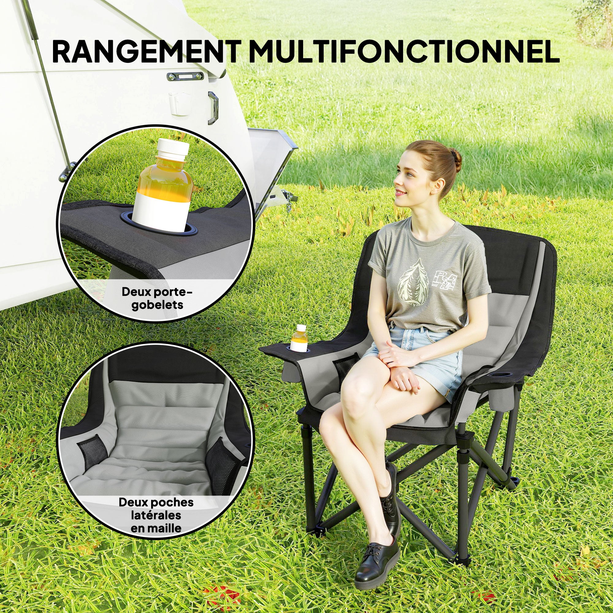 Folding Camping Chair, Portable Fishing Chair, Padded Seat, Cup Holders, Side Pockets, and Carry Bag, Folding Armchair for Hiking, Fishing, Beach, and Picnic, Black