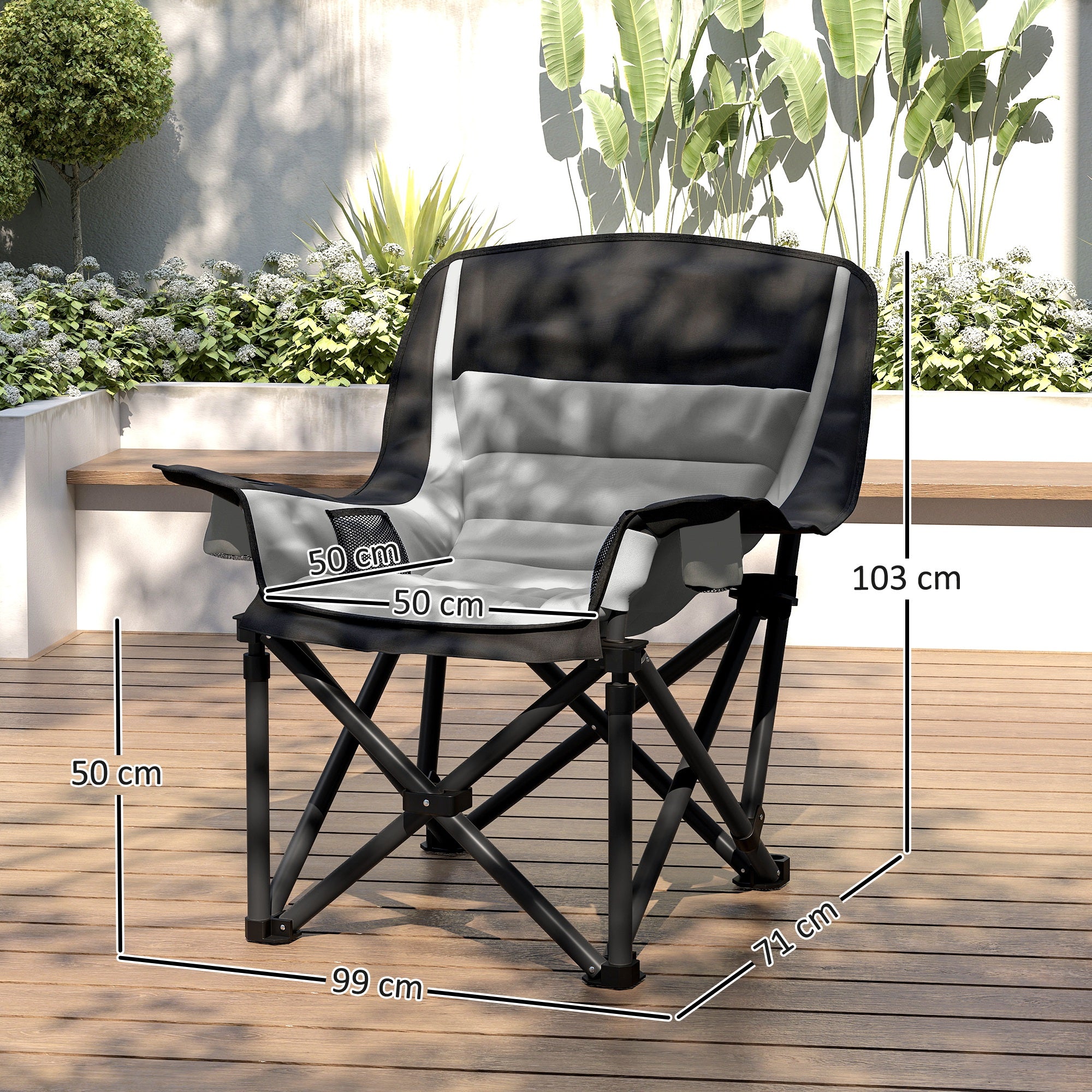 Folding Camping Chair, Portable Fishing Chair, Padded Seat, Cup Holders, Side Pockets, and Carry Bag, Folding Armchair for Hiking, Fishing, Beach, and Picnic, Black