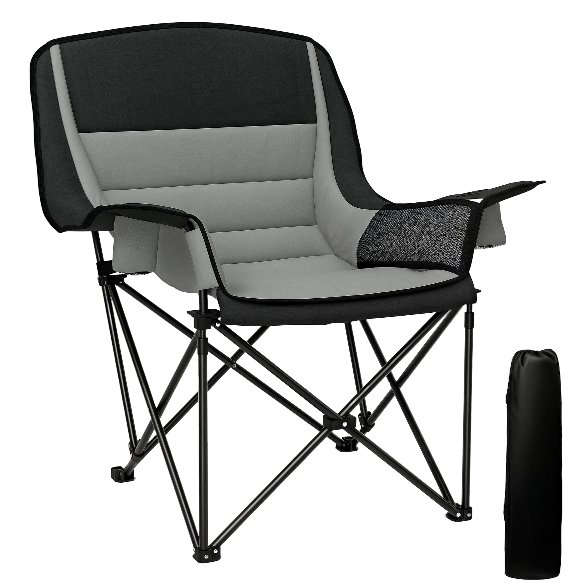 Folding Camping Chair, Portable Fishing Chair, Padded Seat, Cup Holders, Side Pockets, and Carry Bag, Folding Armchair for Hiking, Fishing, Beach, and Picnic, Black