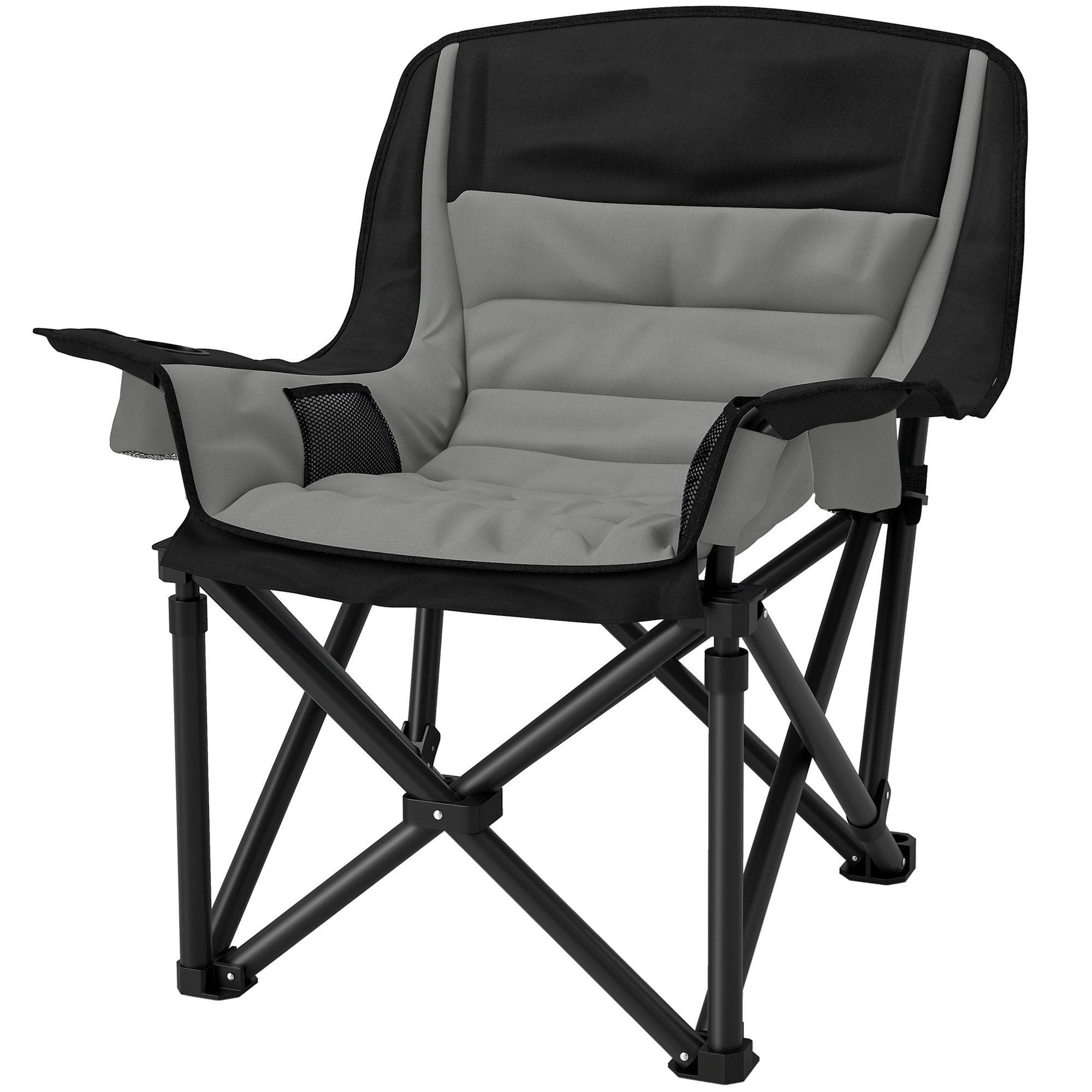 Folding Camping Chair, Portable Fishing Chair, Padded Seat, Cup Holders, Side Pockets, and Carry Bag, Folding Armchair for Hiking, Fishing, Beach, and Picnic, Black