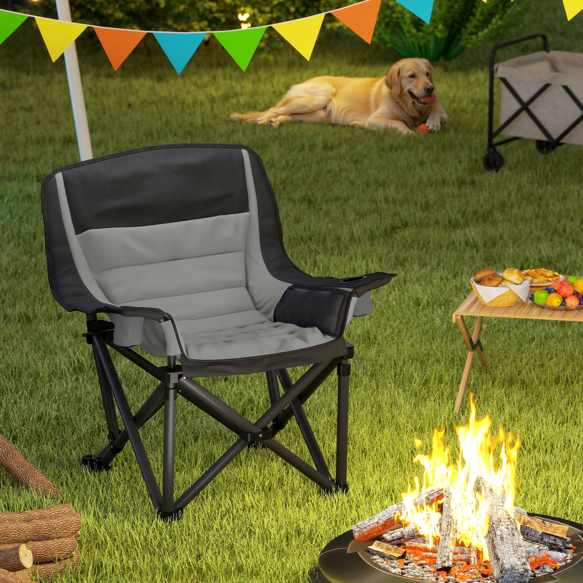 Folding Camping Chair, Portable Fishing Chair, Padded Seat, Cup Holders, Side Pockets, and Carry Bag, Folding Armchair for Hiking, Fishing, Beach, and Picnic, Black