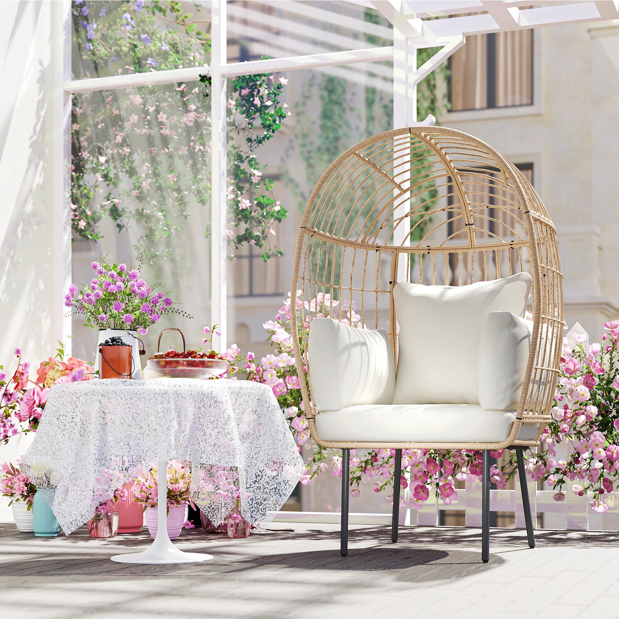 Rattan Chair Egg-Shaped with Removable Cushion, Upholstery, Oversized Outdoor Chair made of Rattan, Weatherproof Wicker Chair Garden Chair for Garden Balcony, Porch, Patio Beige
