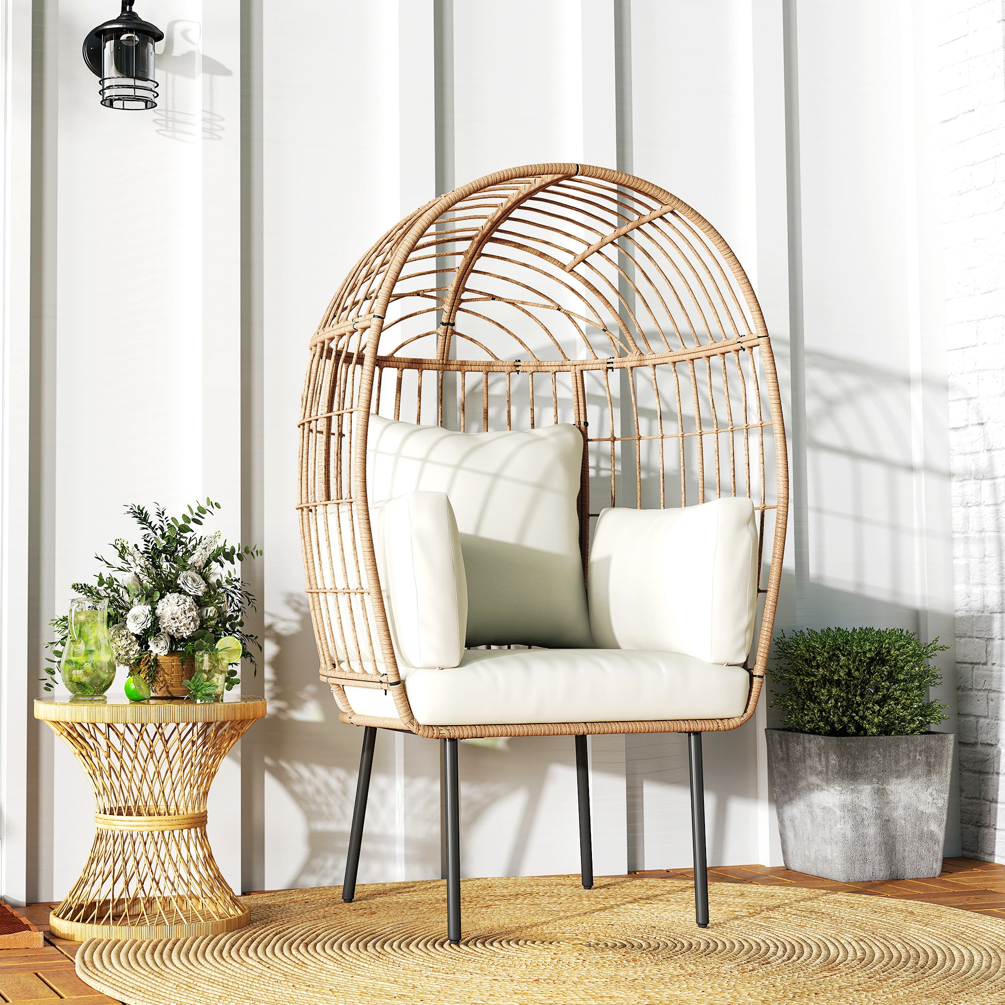 Rattan Chair Egg-Shaped with Removable Cushion, Upholstery, Oversized Outdoor Chair made of Rattan, Weatherproof Wicker Chair Garden Chair for Garden Balcony, Porch, Patio Beige