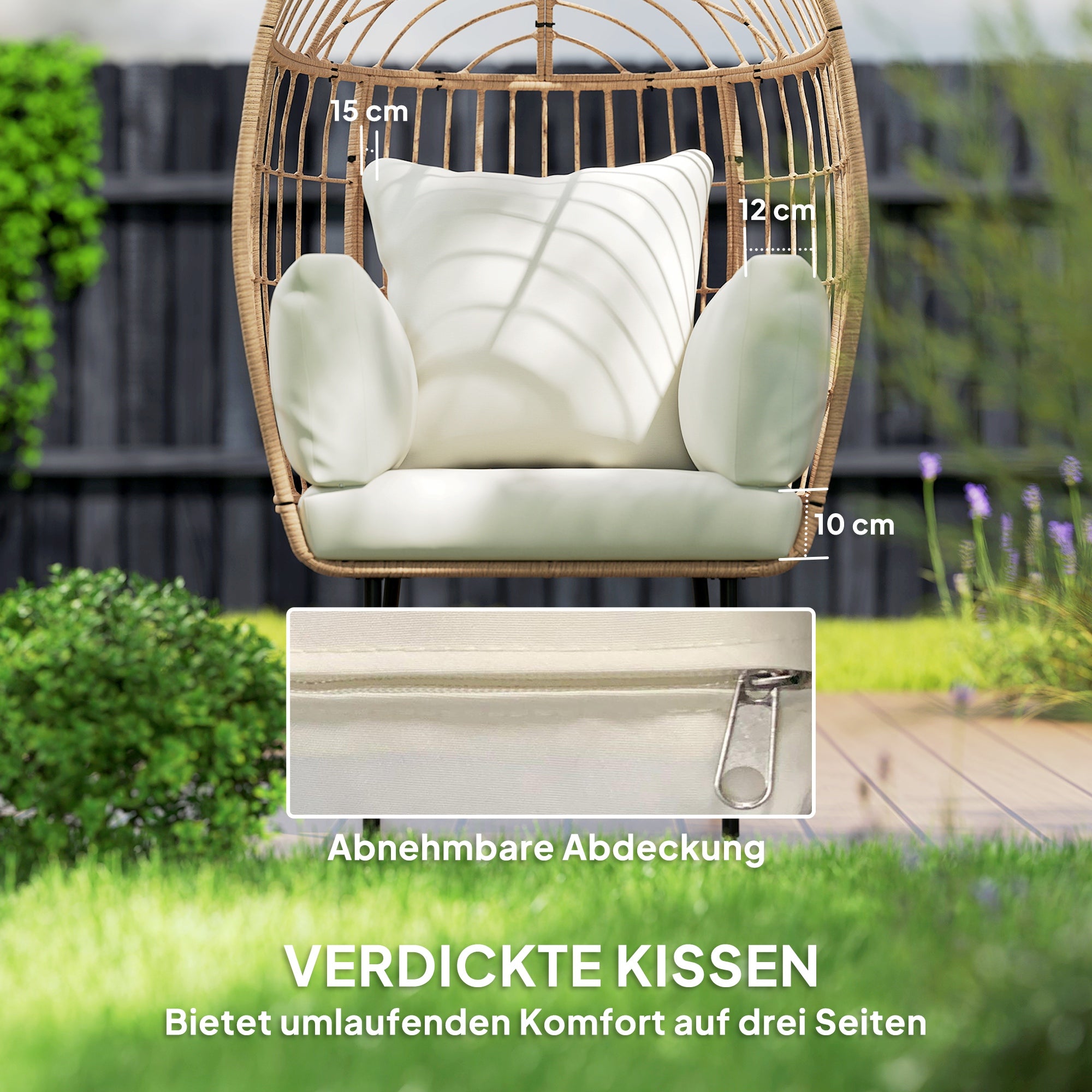 Rattan Chair Egg-Shaped with Removable Cushion, Upholstery, Oversized Outdoor Chair made of Rattan, Weatherproof Wicker Chair Garden Chair for Garden Balcony, Porch, Patio Beige