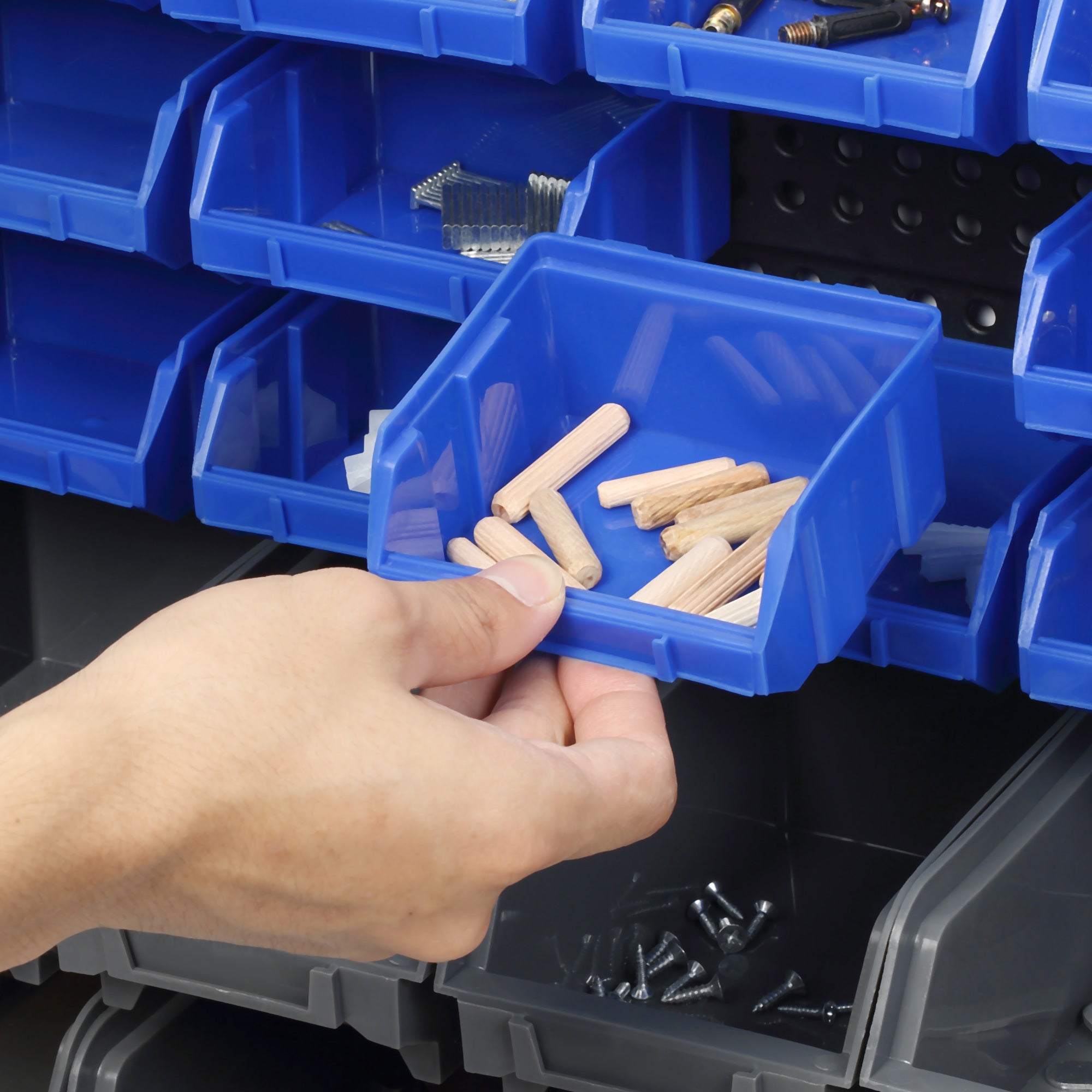 Storage System Wall Shelf 37.5 x 63 cm, Visible Storage Boxes, 30-Piece Boxes in 2 Sizes, Tool Holders, Workshop Wall Shelf for Screws, Workshop