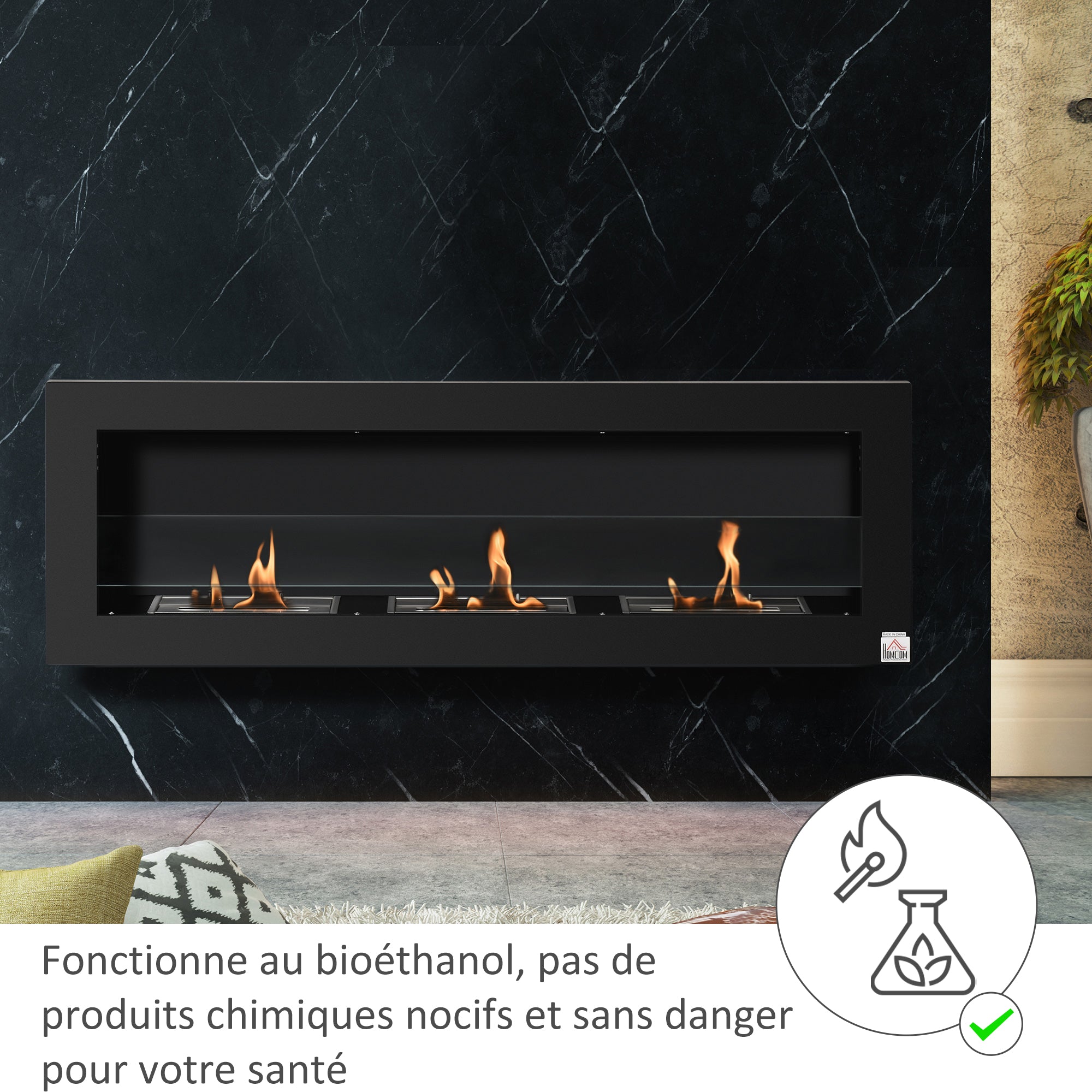 Wall-Mounted Built-in Bioethanol Fireplace with 3 Burners 3 L total, approximately 3 hours burning time, dims. 120L x 15W x 40H cm, black stainless steel