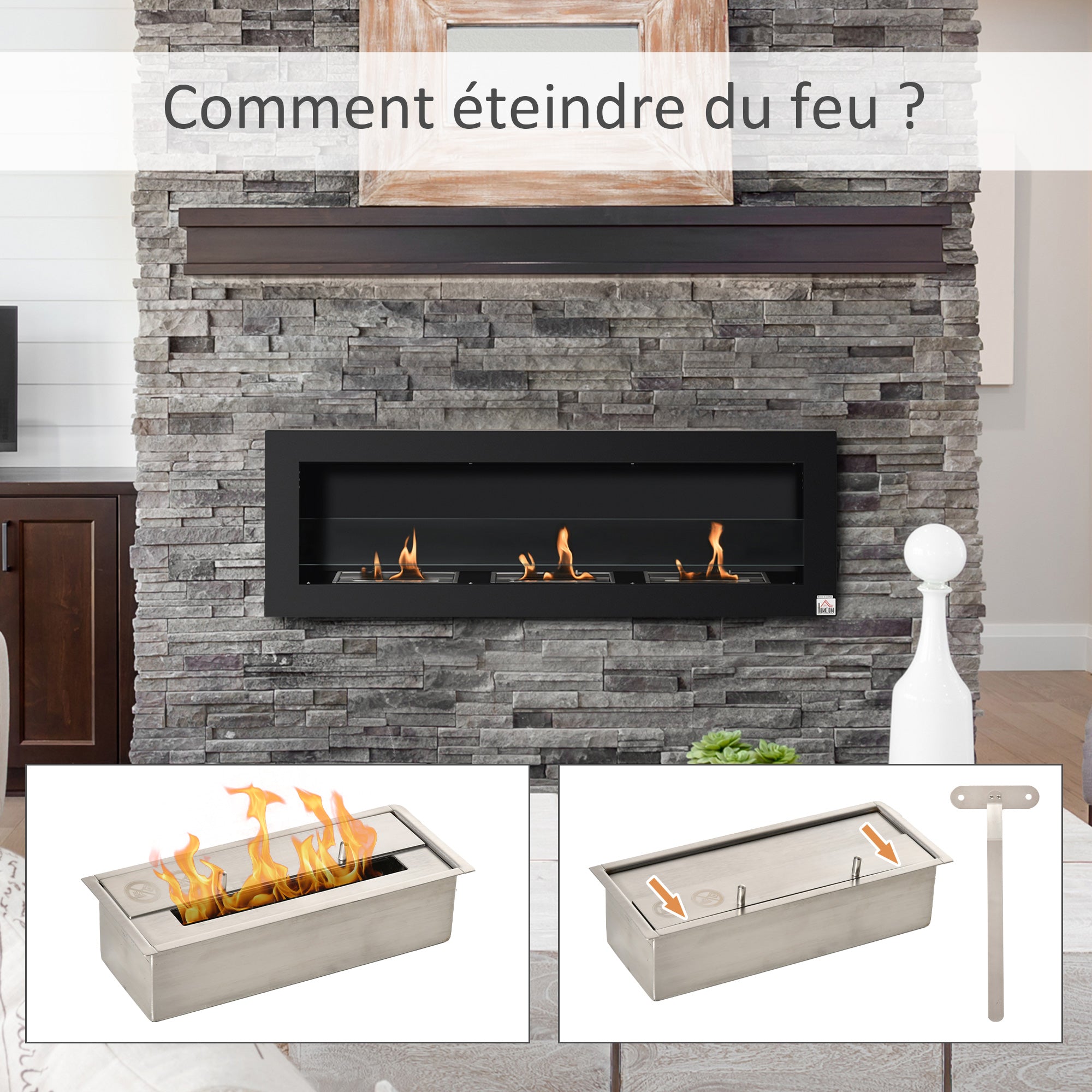 Wall-Mounted Built-in Bioethanol Fireplace with 3 Burners 3 L total, approximately 3 hours burning time, dims. 120L x 15W x 40H cm, black stainless steel