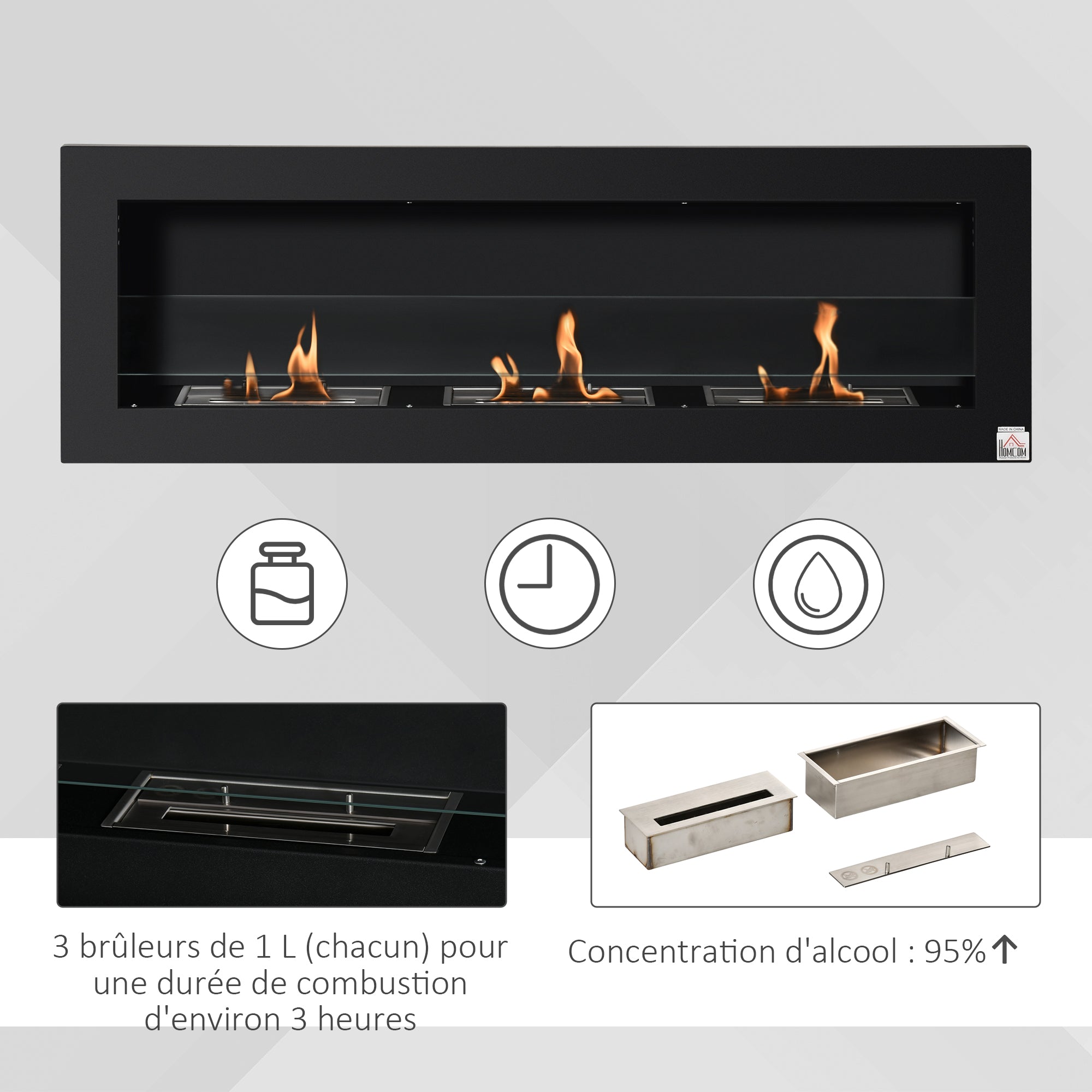 Wall-Mounted Built-in Bioethanol Fireplace with 3 Burners 3 L total, approximately 3 hours burning time, dims. 120L x 15W x 40H cm, black stainless steel
