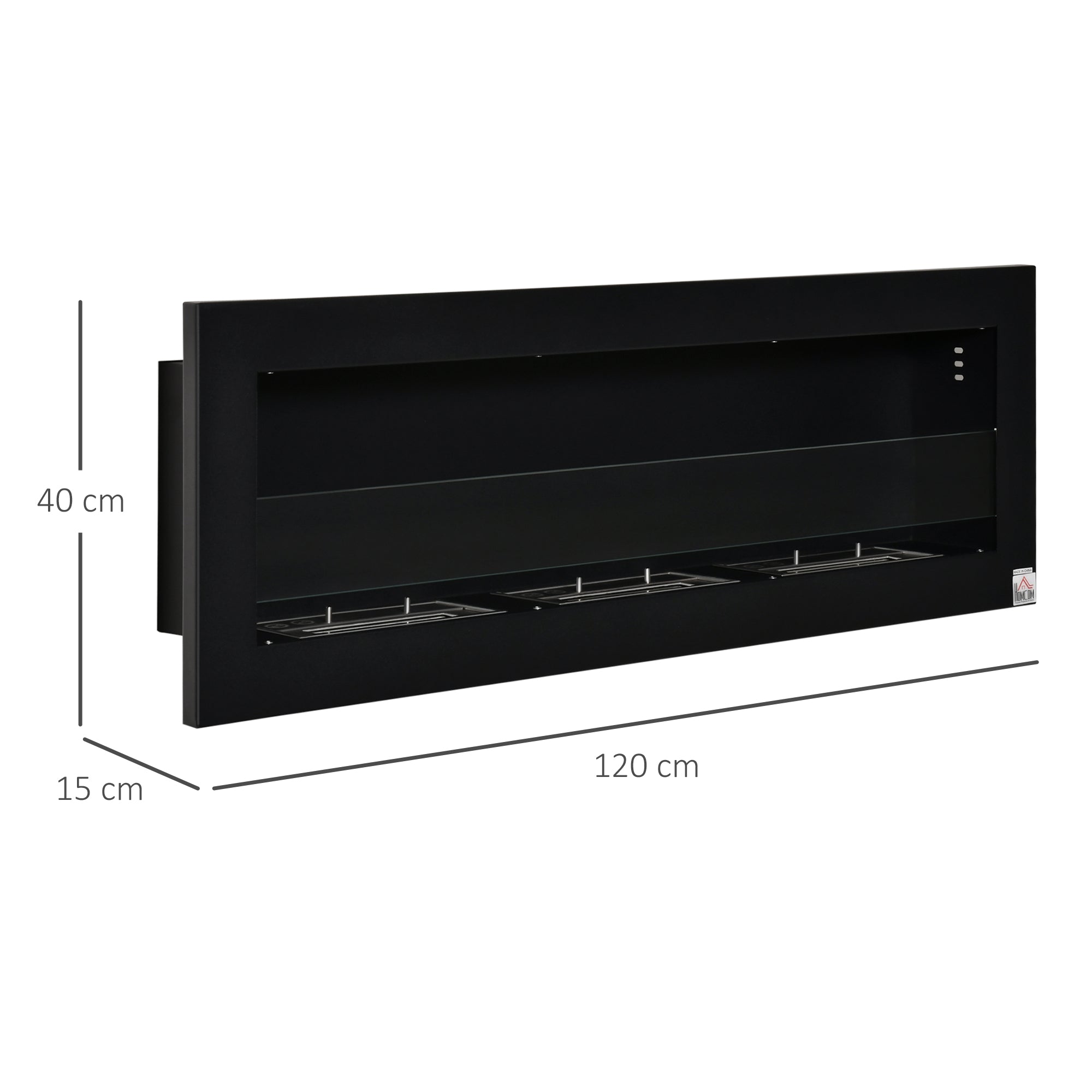 Wall-Mounted Built-in Bioethanol Fireplace with 3 Burners 3 L total, approximately 3 hours burning time, dims. 120L x 15W x 40H cm, black stainless steel