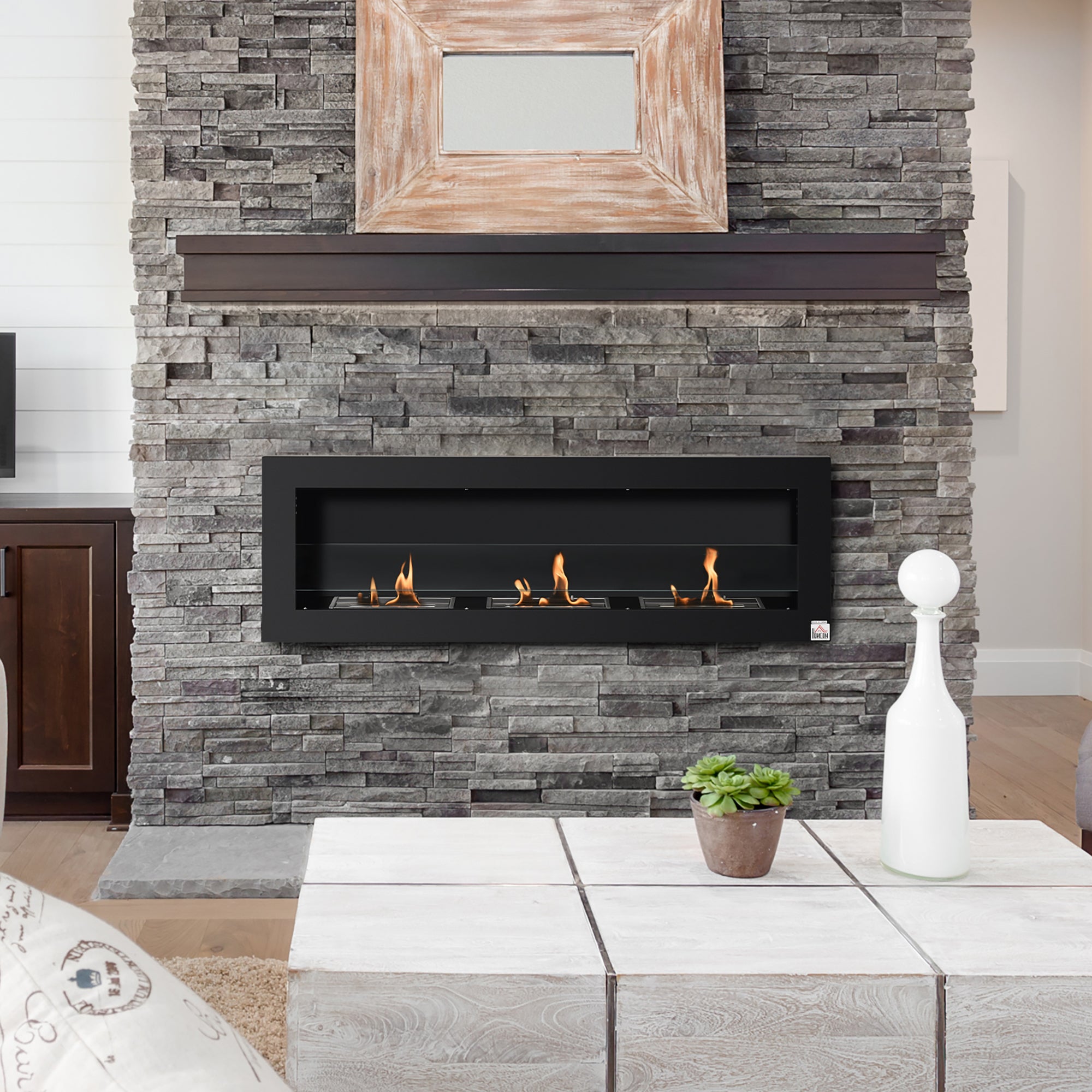 Wall-Mounted Built-in Bioethanol Fireplace with 3 Burners 3 L total, approximately 3 hours burning time, dims. 120L x 15W x 40H cm, black stainless steel