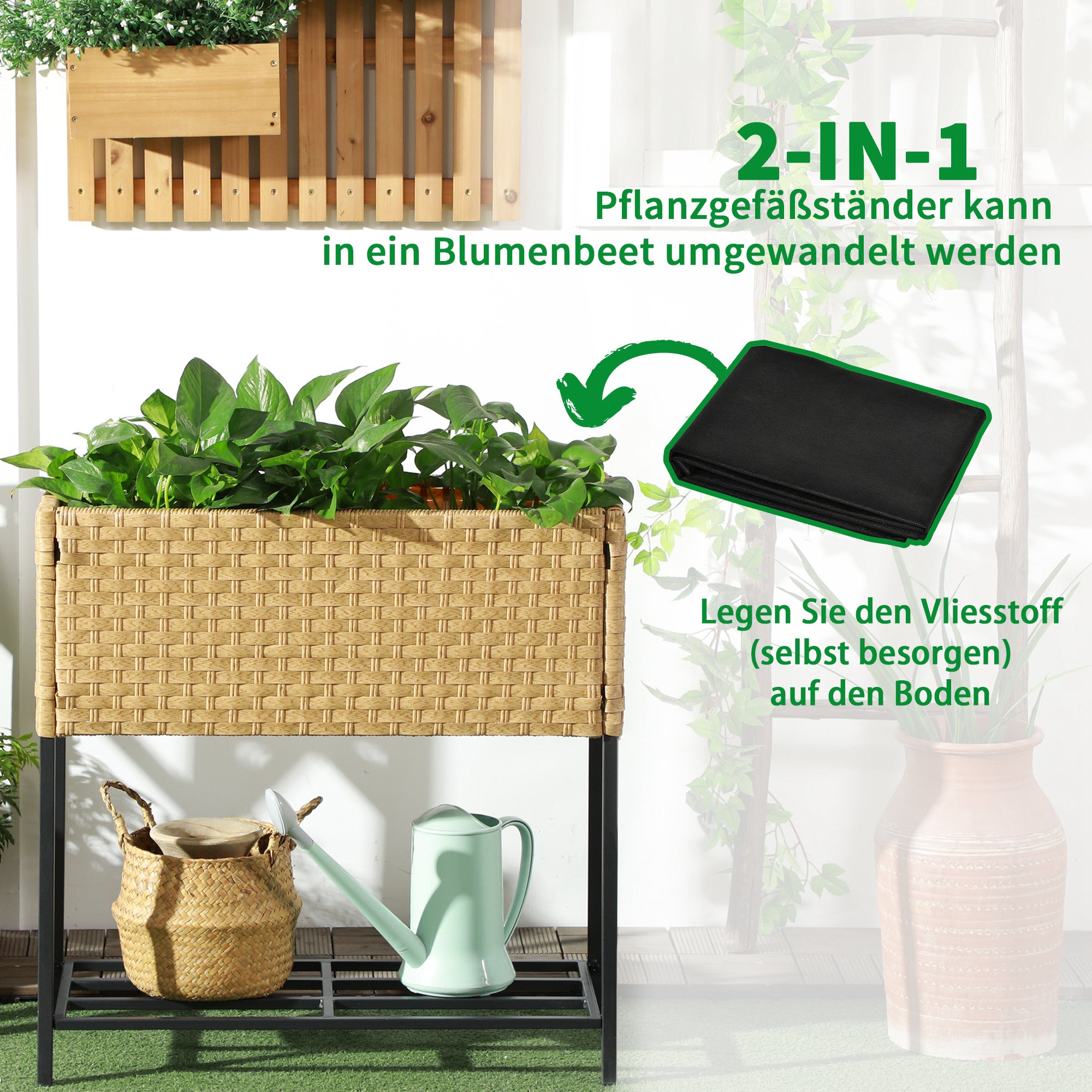 Poly Rattan Raised Garden Bed Planter with Legs Rattan Flower Box Flower Pot with Shelf Sand 70 x 30 x 72 cm