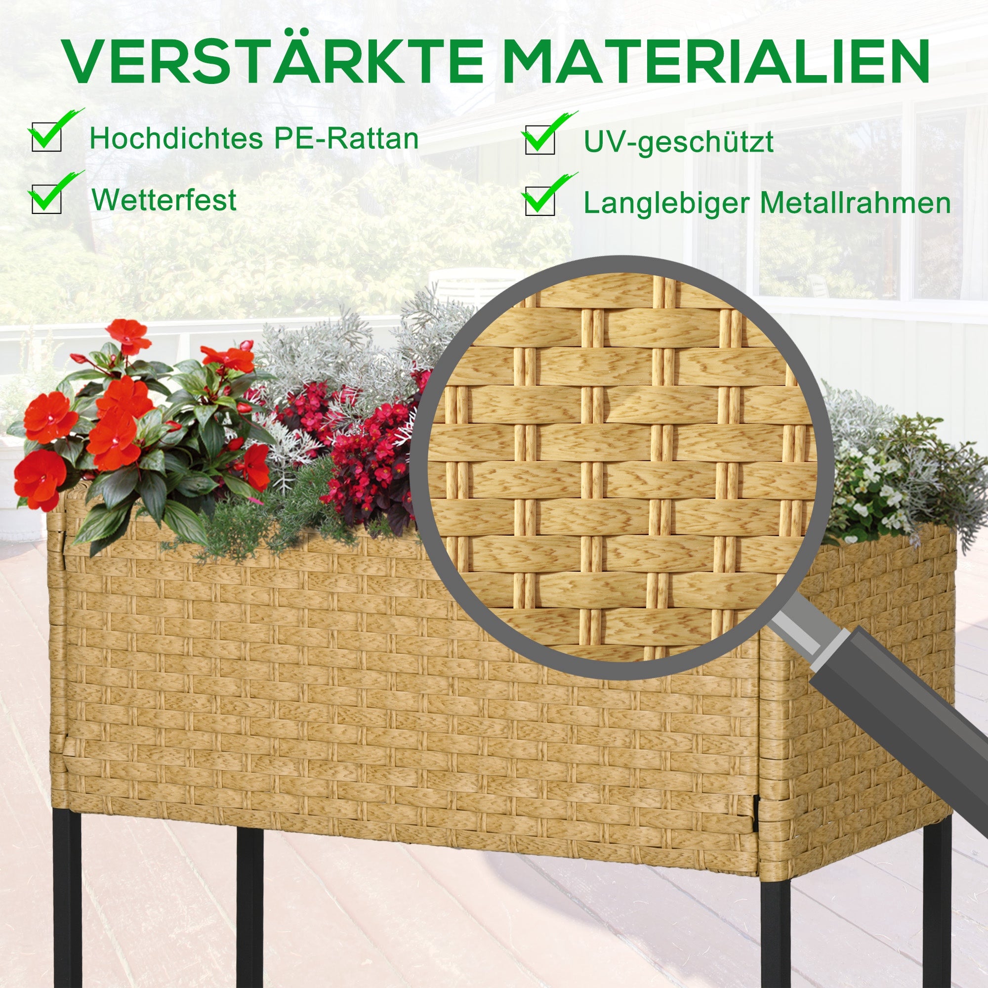Poly Rattan Raised Garden Bed Planter with Legs Rattan Flower Box Flower Pot with Shelf Sand 70 x 30 x 72 cm