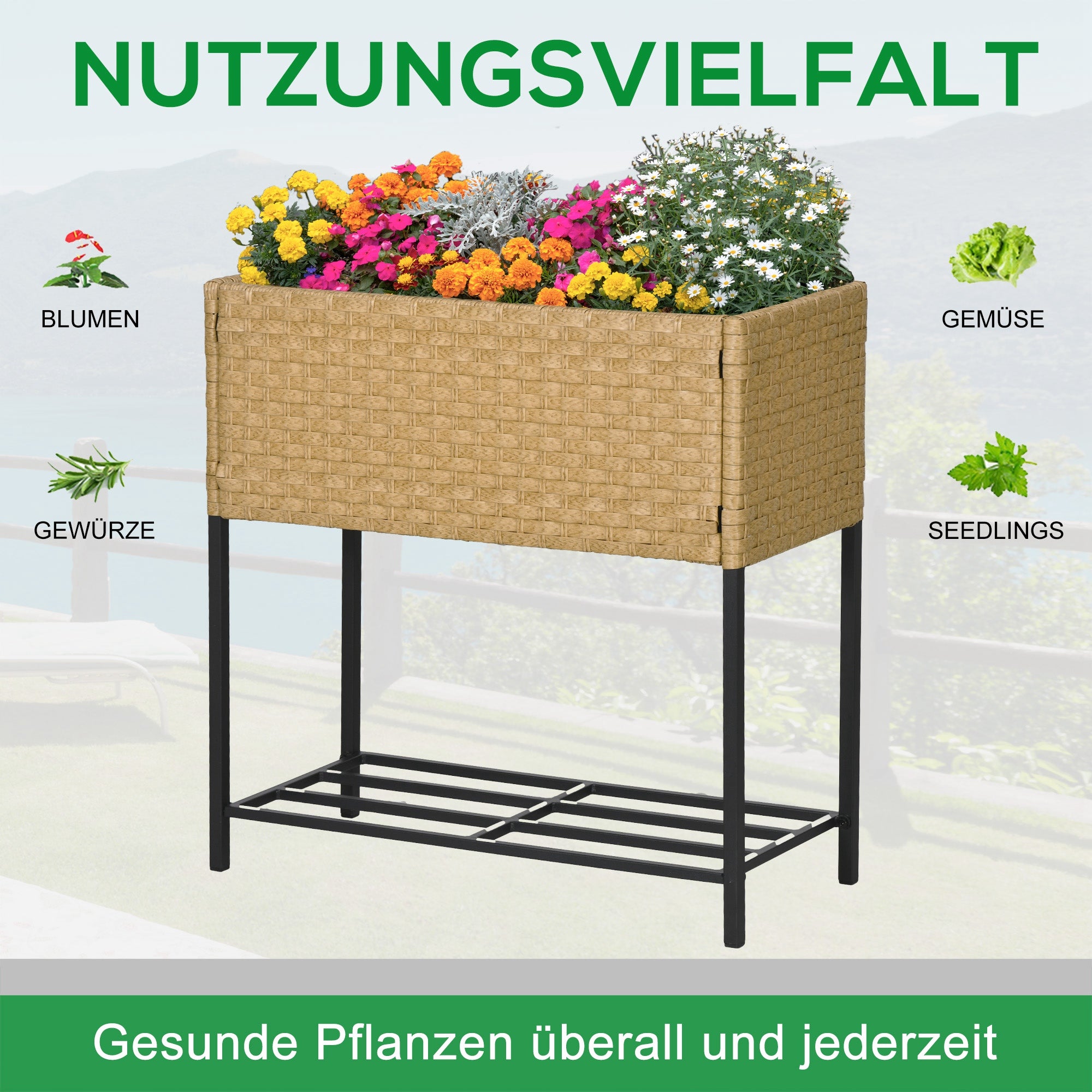 Poly Rattan Raised Garden Bed Planter with Legs Rattan Flower Box Flower Pot with Shelf Sand 70 x 30 x 72 cm