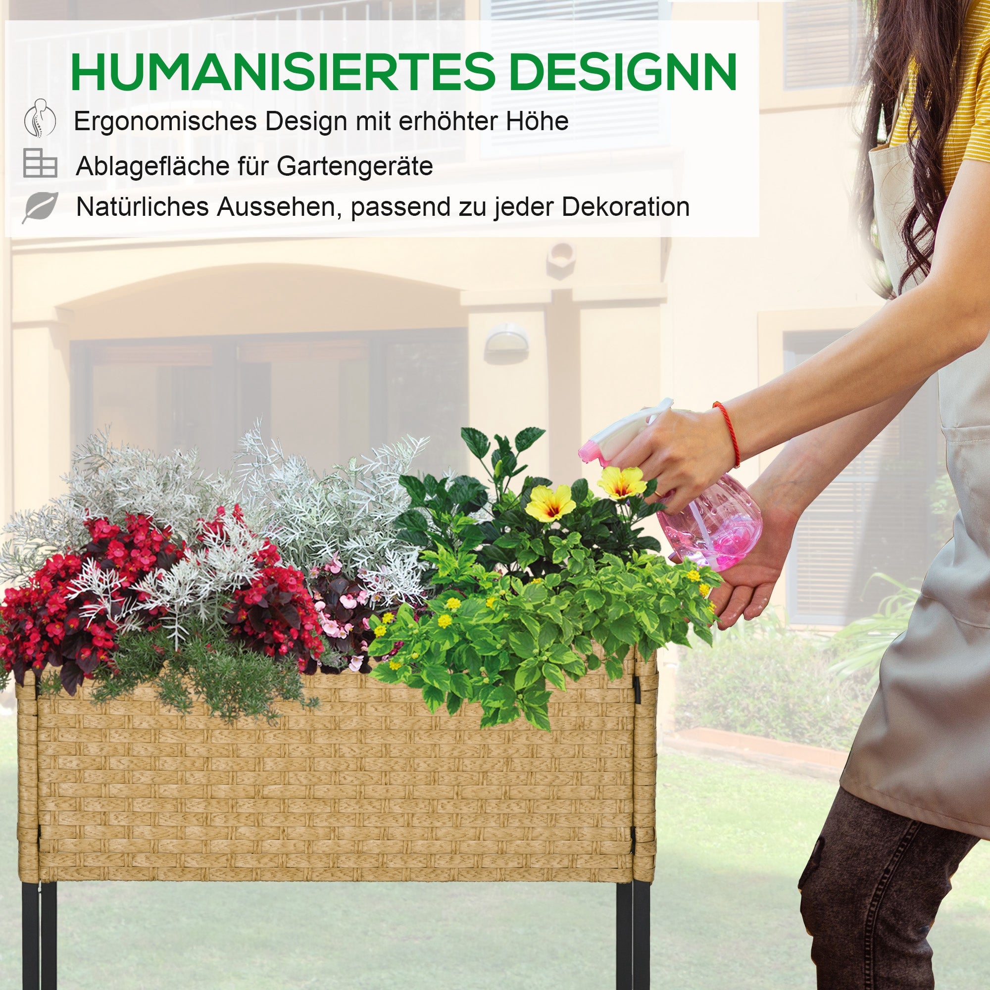 Poly Rattan Raised Garden Bed Planter with Legs Rattan Flower Box Flower Pot with Shelf Sand 70 x 30 x 72 cm