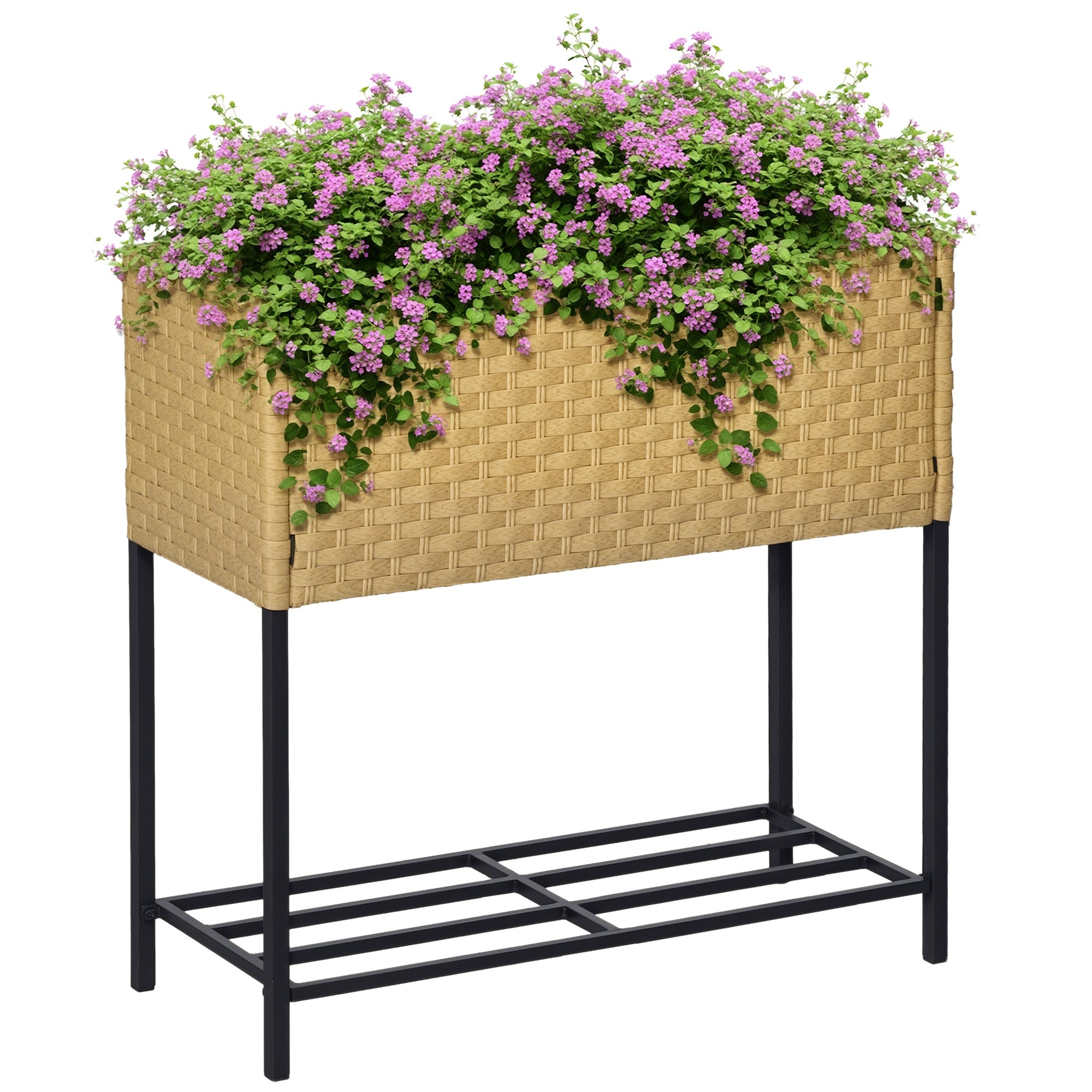 Poly Rattan Raised Garden Bed Planter with Legs Rattan Flower Box Flower Pot with Shelf Sand 70 x 30 x 72 cm
