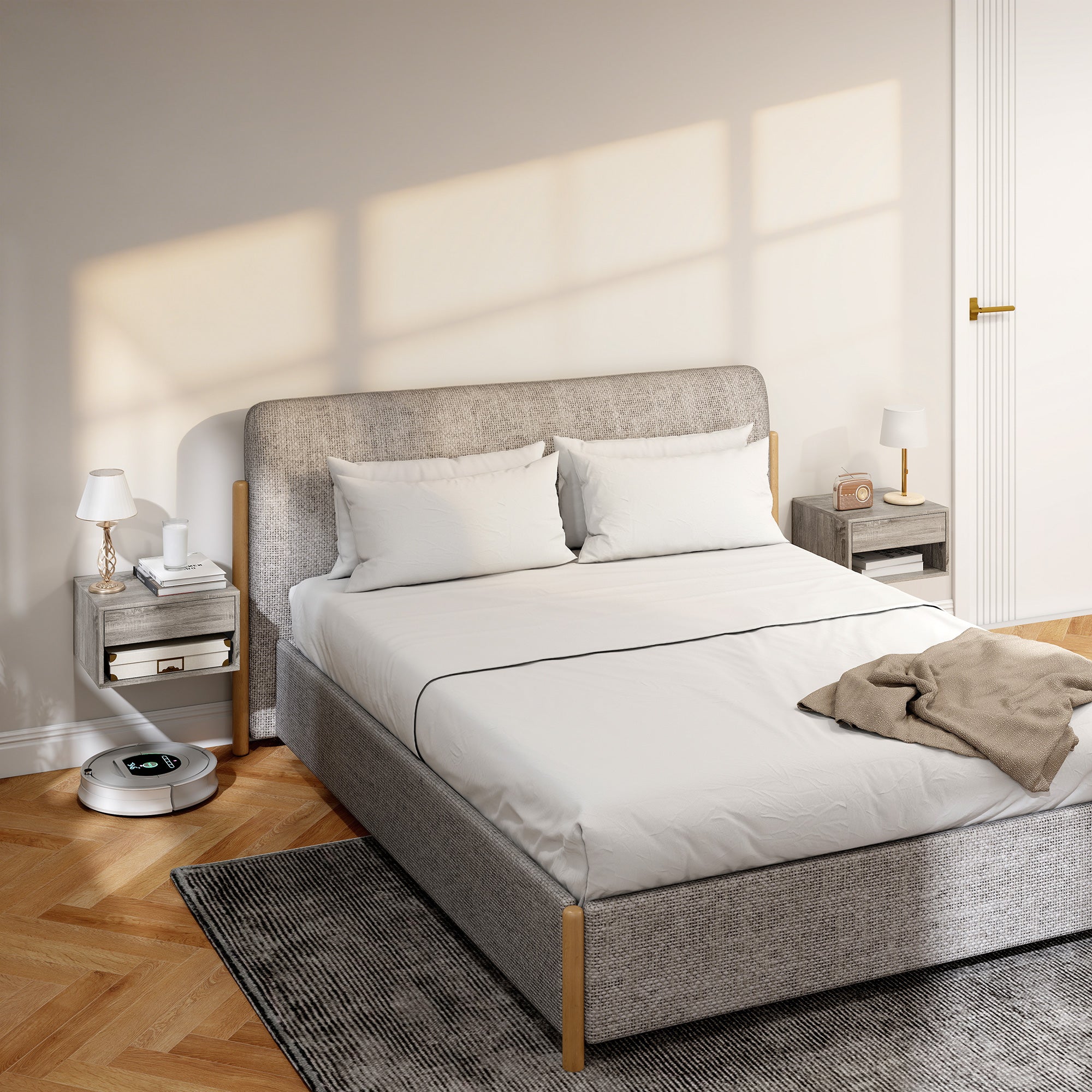 Set of 2 Floating Wall Nightstands with Sliding Drawer & Open Shelf, Modern Gray — 14.6 x 12.6 x 8.3 in