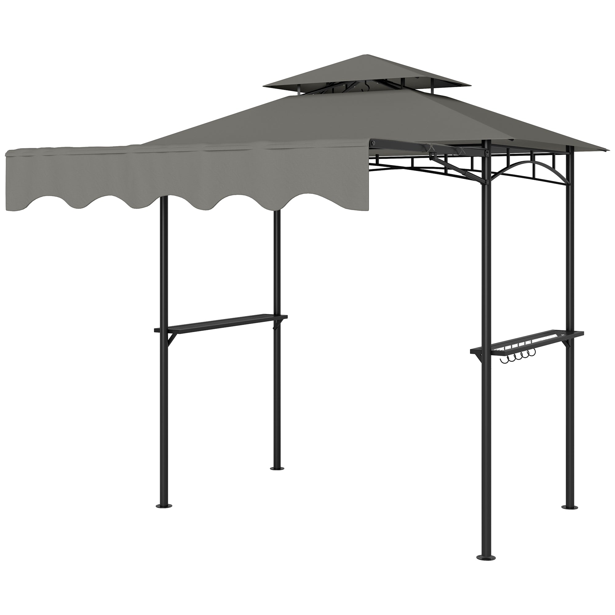 BBQ Gazebo 242 x 149 x 248 cm (95.3" x 58.7" x 97.6") — Water-Resistant, Flame-Retardant Double-Layer Roof, Side Shelves, UV30+, Gray