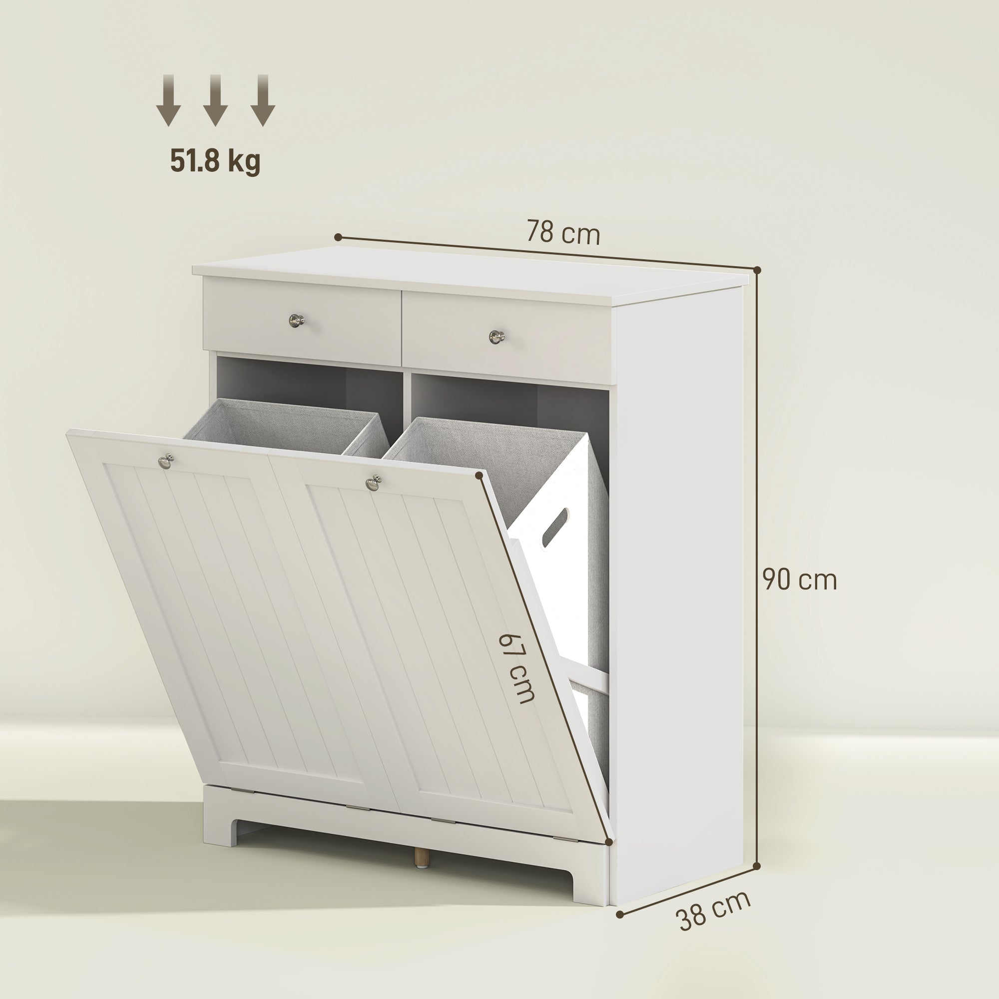 Bathroom Laundry Mobile with 2 Flip Doors and Dirty Laundry Baskets, Laundry Cabinet Wooden Mobile with 2 Drawers and Foldable Bags for Laundry, 78x38x90 cm, White
