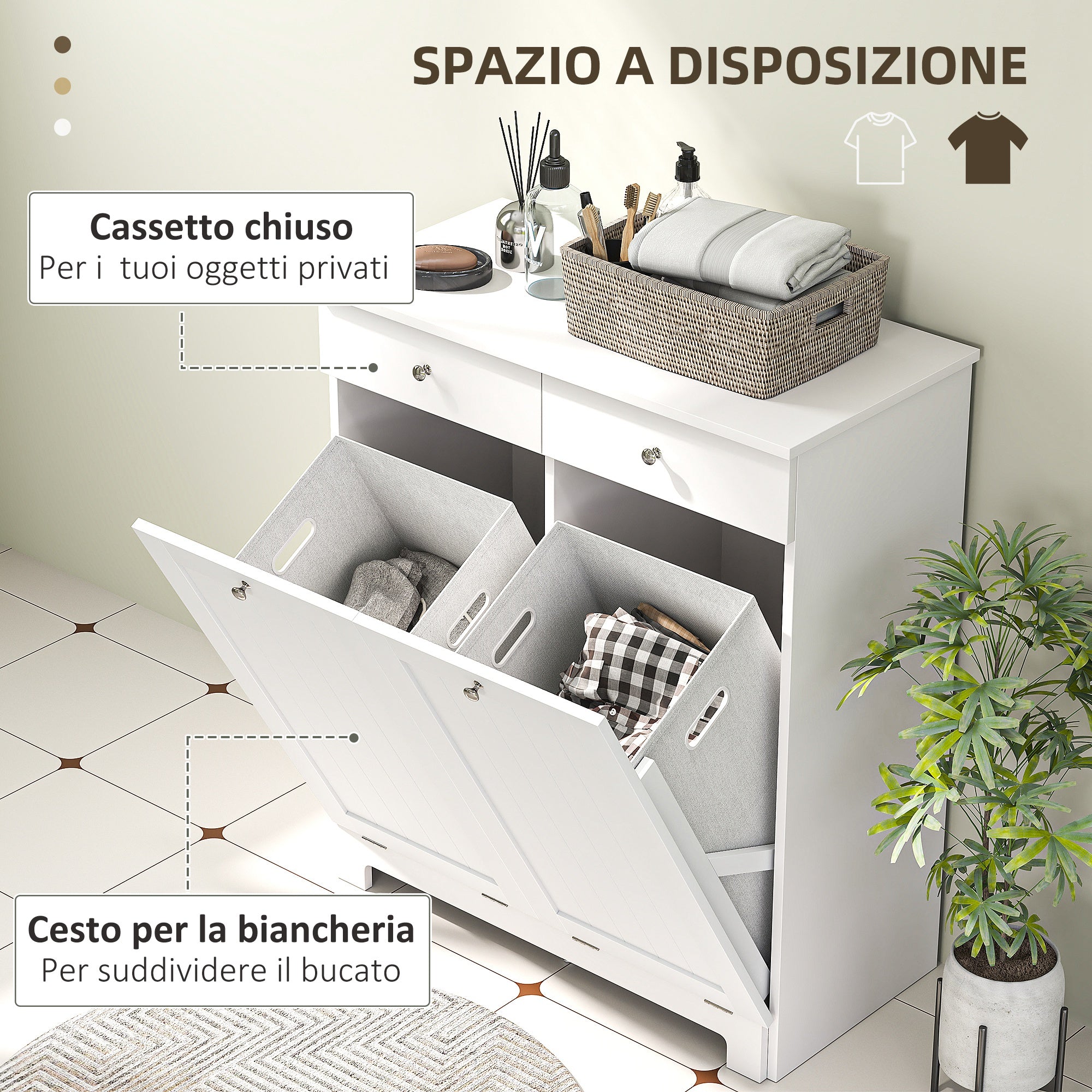 Bathroom Laundry Mobile with 2 Flip Doors and Dirty Laundry Baskets, Laundry Cabinet Wooden Mobile with 2 Drawers and Foldable Bags for Laundry, 78x38x90 cm, White