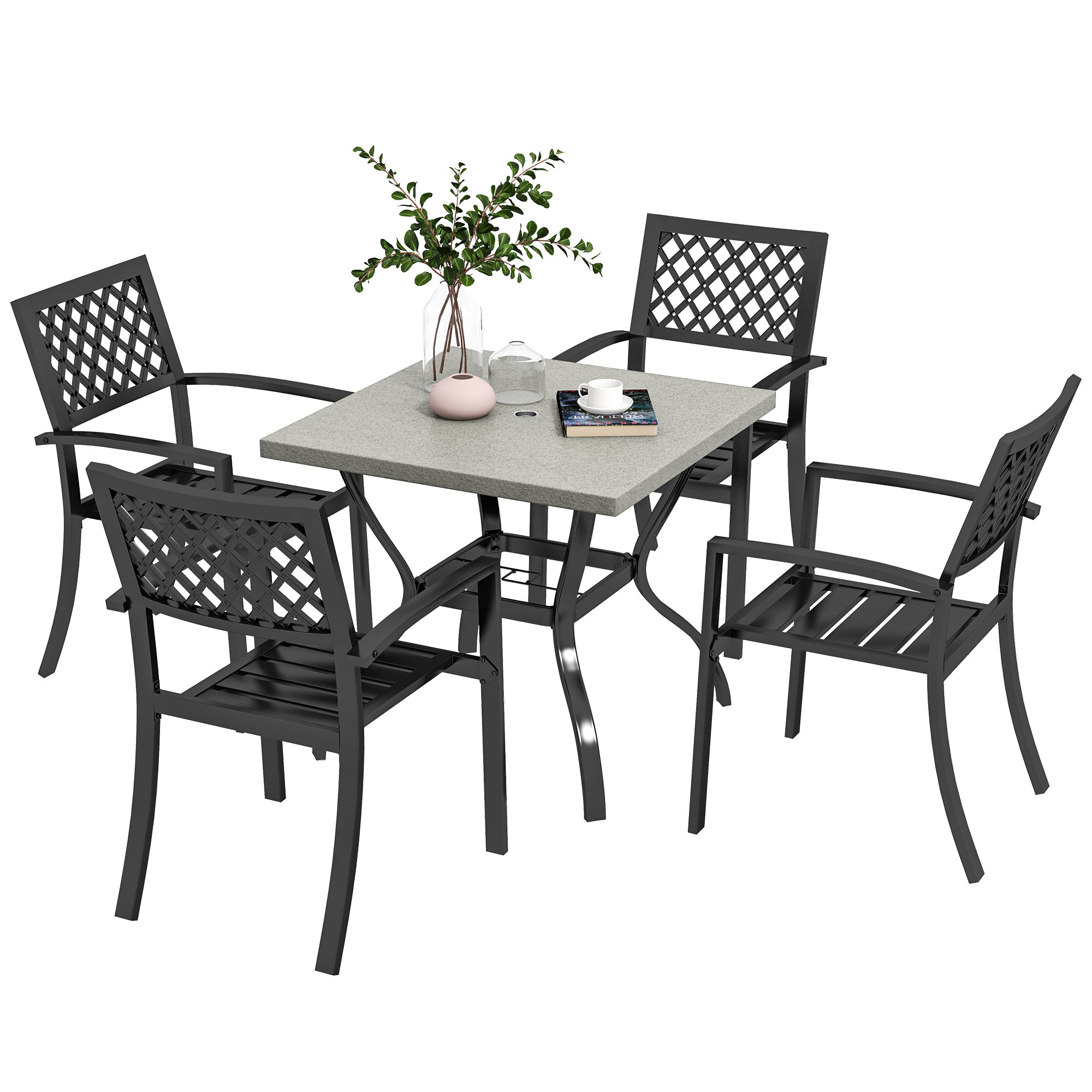 5-Piece Garden Set, Outdoor Set with 4 Stackable Garden Chairs and Square Marble Effect Table, Black