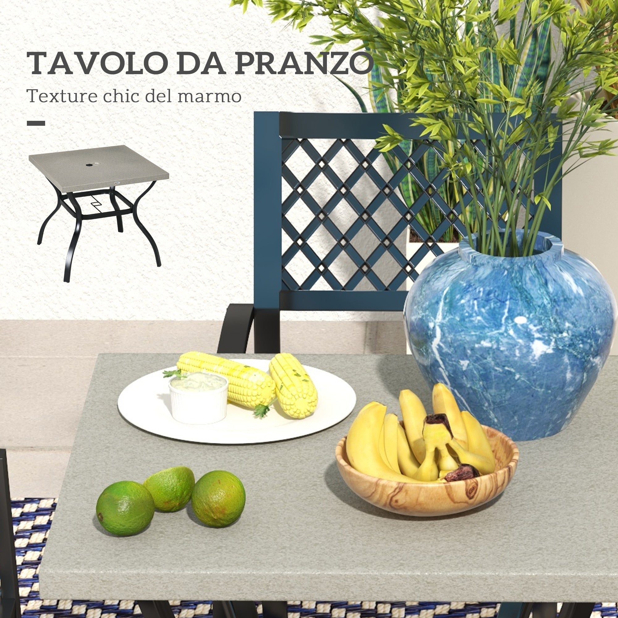 5-Piece Garden Set, Outdoor Set with 4 Stackable Garden Chairs and Square Marble Effect Table, Black