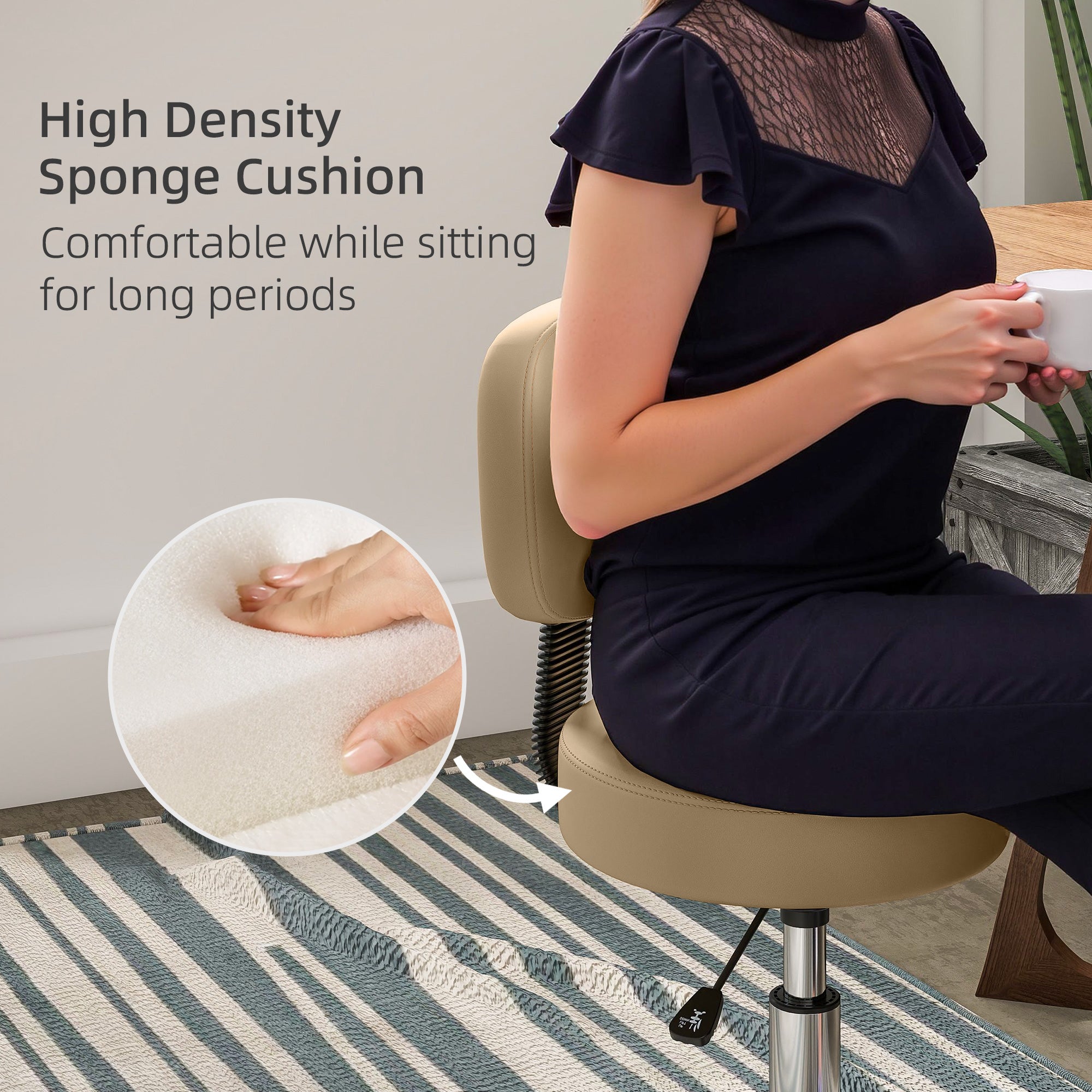 Rolling Stool with Backrest, Height Adjustable (72–84 cm / 28.3–33.1 in), 360° Swivel Office/Salon/Massage Stool – Light Brown