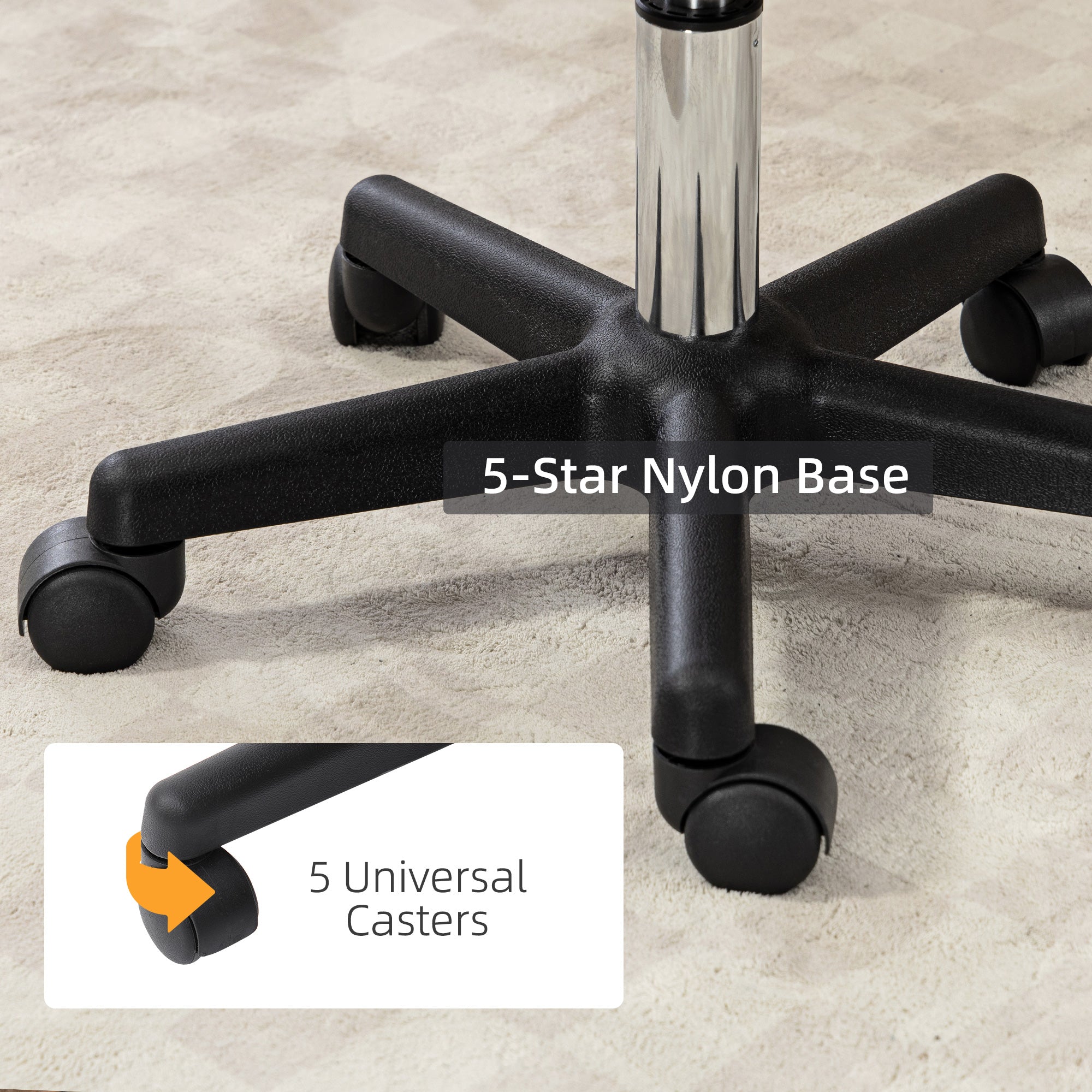 Rolling Stool with Backrest, Height Adjustable (72–84 cm / 28.3–33.1 in), 360° Swivel Office/Salon/Massage Stool – Light Brown