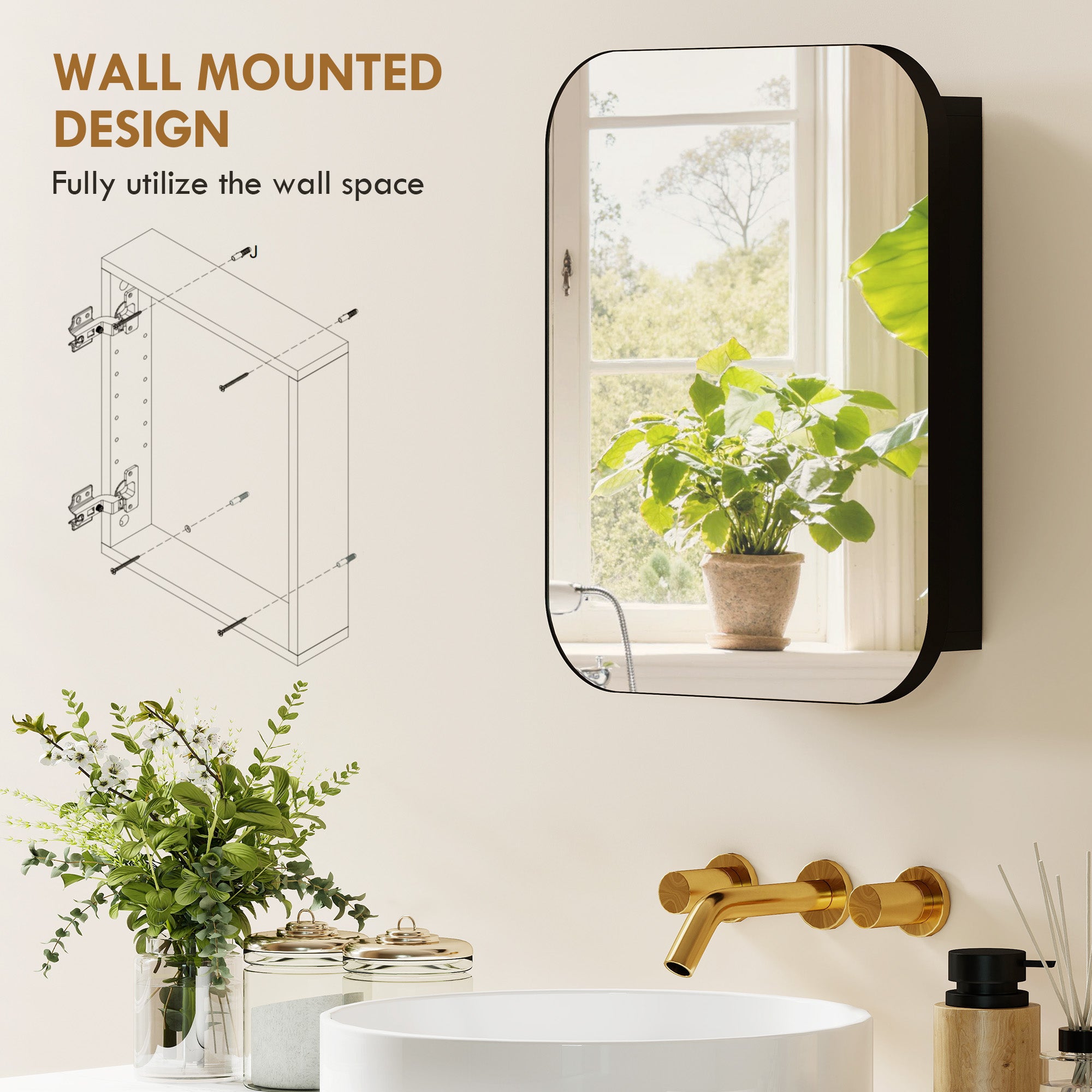 Bathroom Mirror Cabinet, Wall-Mounted with Adjustable Shelf, Black, 15.8 x 4.0 x 20.0 in