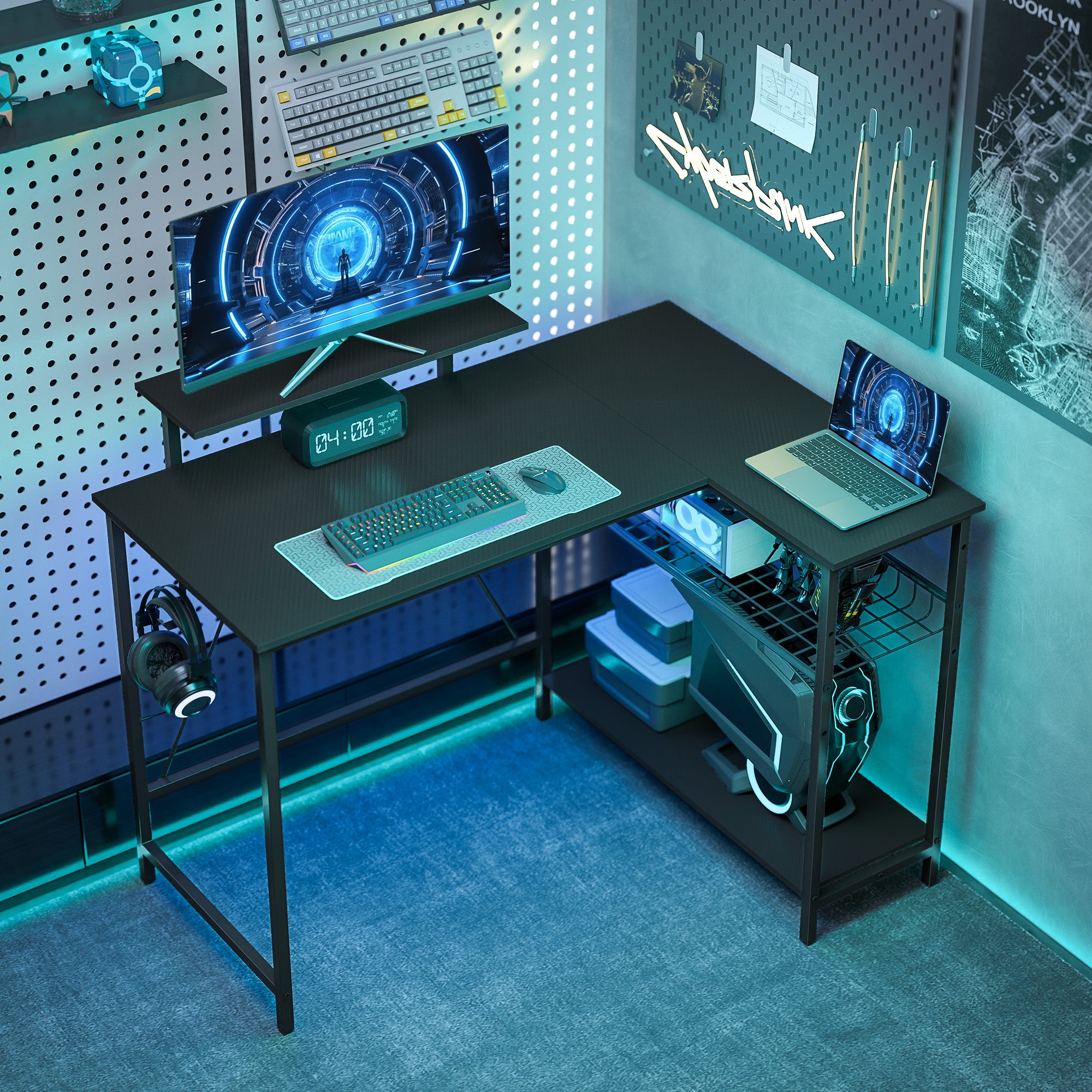 Reversible L-Shaped Gaming Desk with Monitor Stand & Adjustable Mesh Shelf, 114.5 x 82 cm (45.1 x 32.3 in), Black Carbon-Fiber