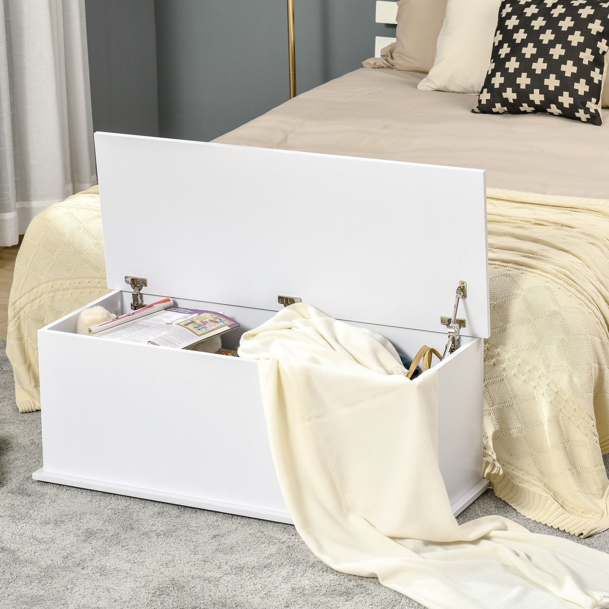 Wooden Storage Chest Stool with Lid for Storage in Bedroom Living Room Max Load 120 kg 100x40x40 cm White