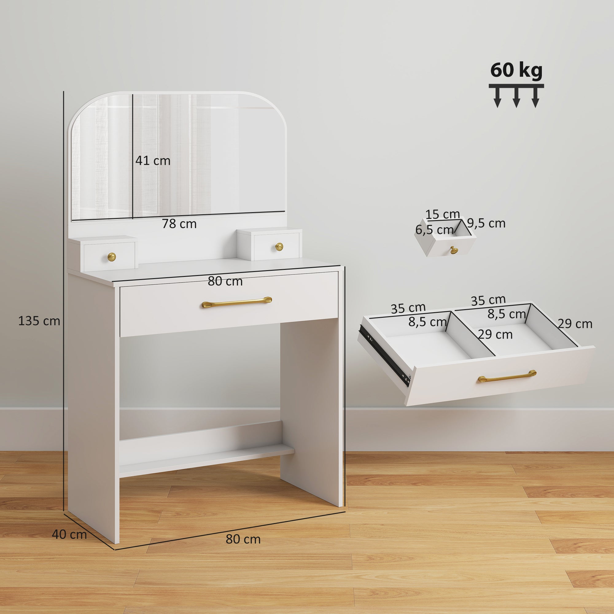 Curved-Mirror Vanity Table, 3-Drawer Makeup Desk for Small Spaces, White, 31.5 x 15.7 x 53.1 in