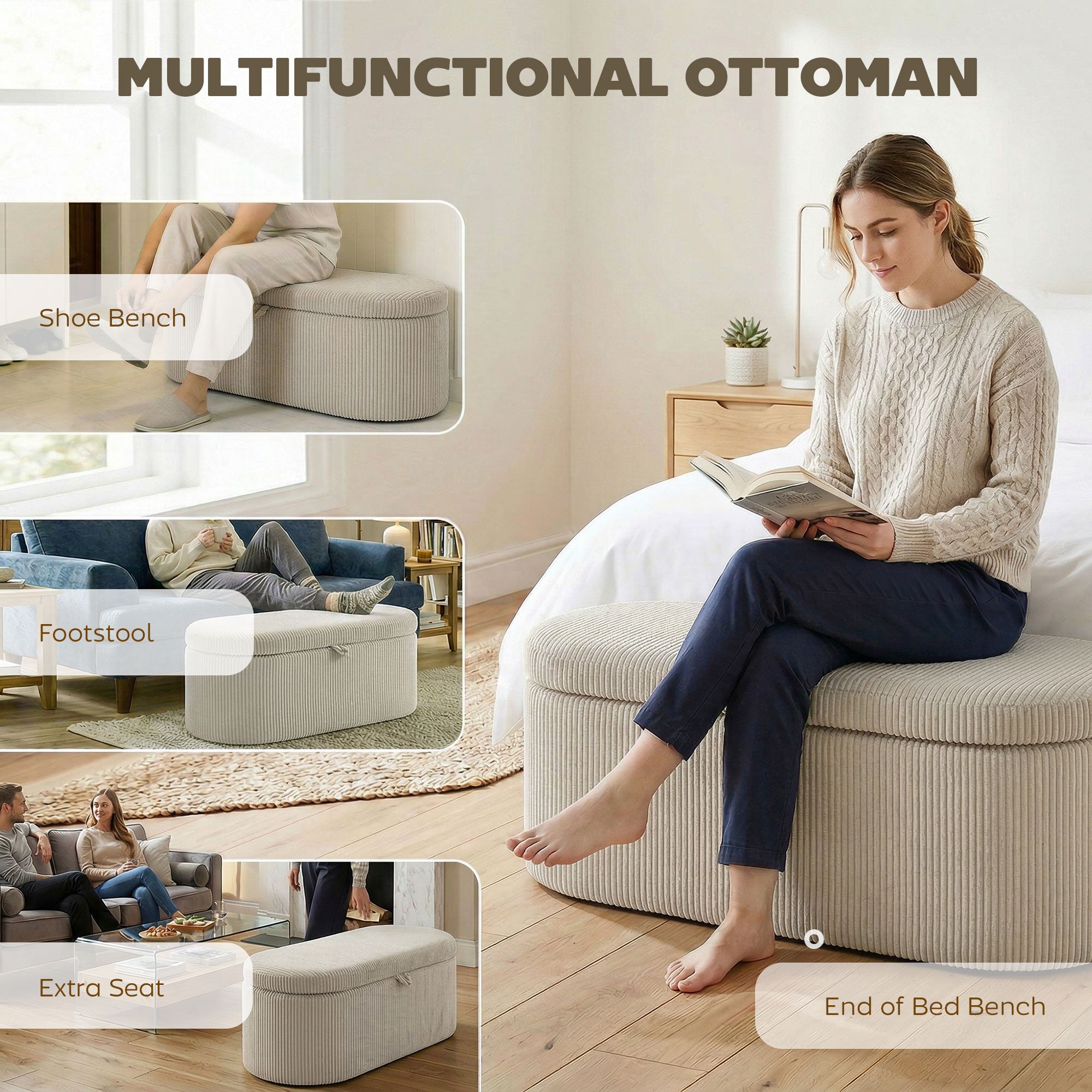 Upholstered Storage Bench with Corduroy Stripe – 41.3 x 20.1 x 19.3 in, Hidden Storage Ottoman, 441 lb Capacity, Beige