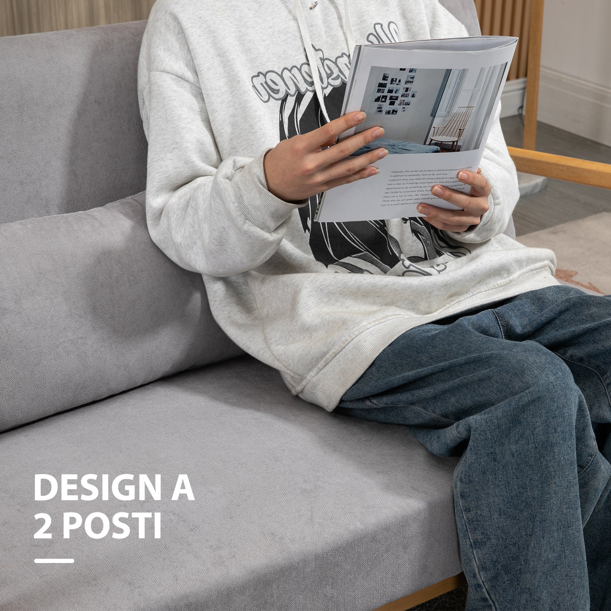 Modern 2-Seater Space-Saving Wood Sofa with Cushions, Upholstered Seat and Velvet Effect Fabric, 122x80x72 cm, Gray