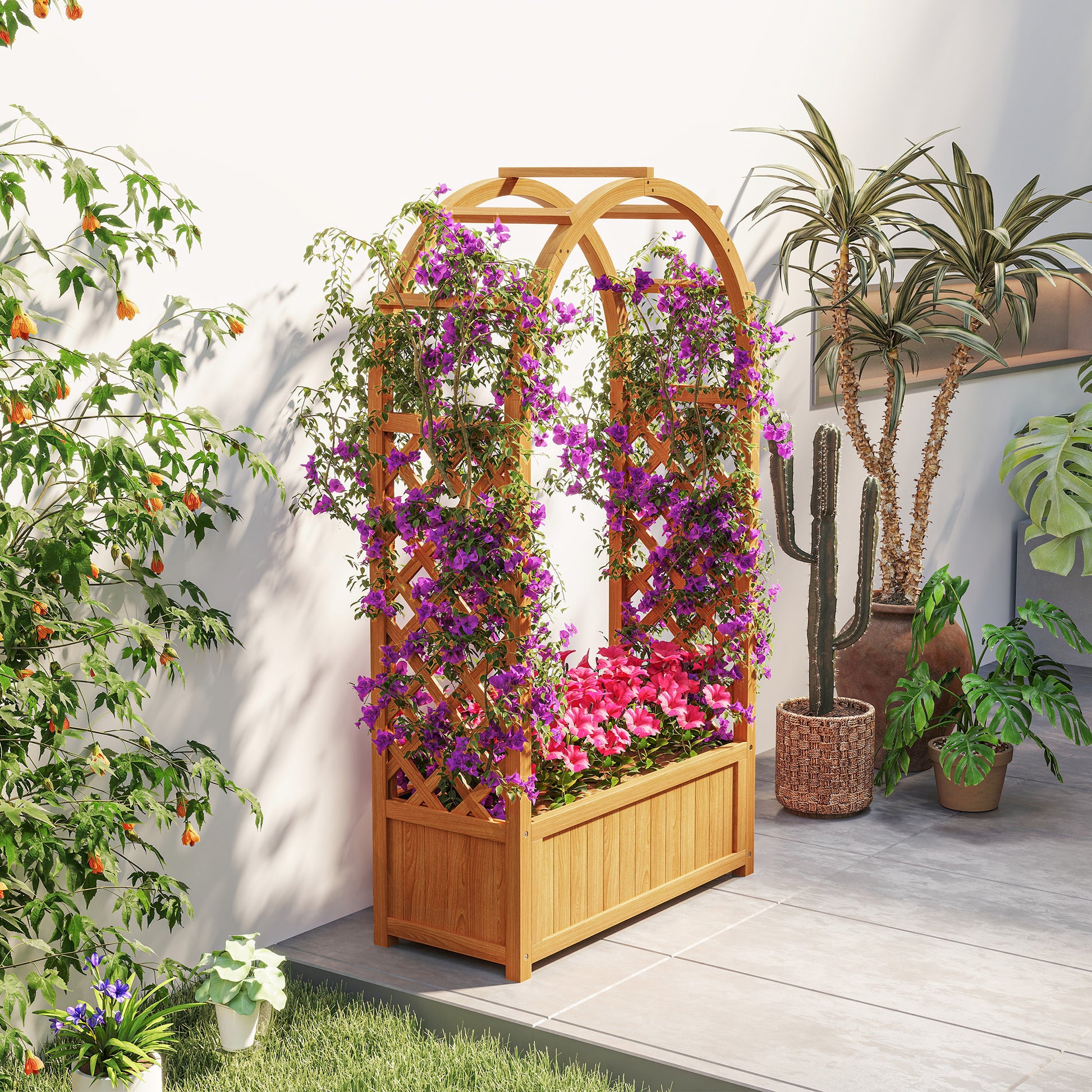 Raised Bed Planter with Trellis, Arched Roof Trellis Planter Box Wood, Garden Trellis 83x36x145cm for Garden Balcony Terrace, Flower Box for Climbing Plants Vine Plants, Flowers