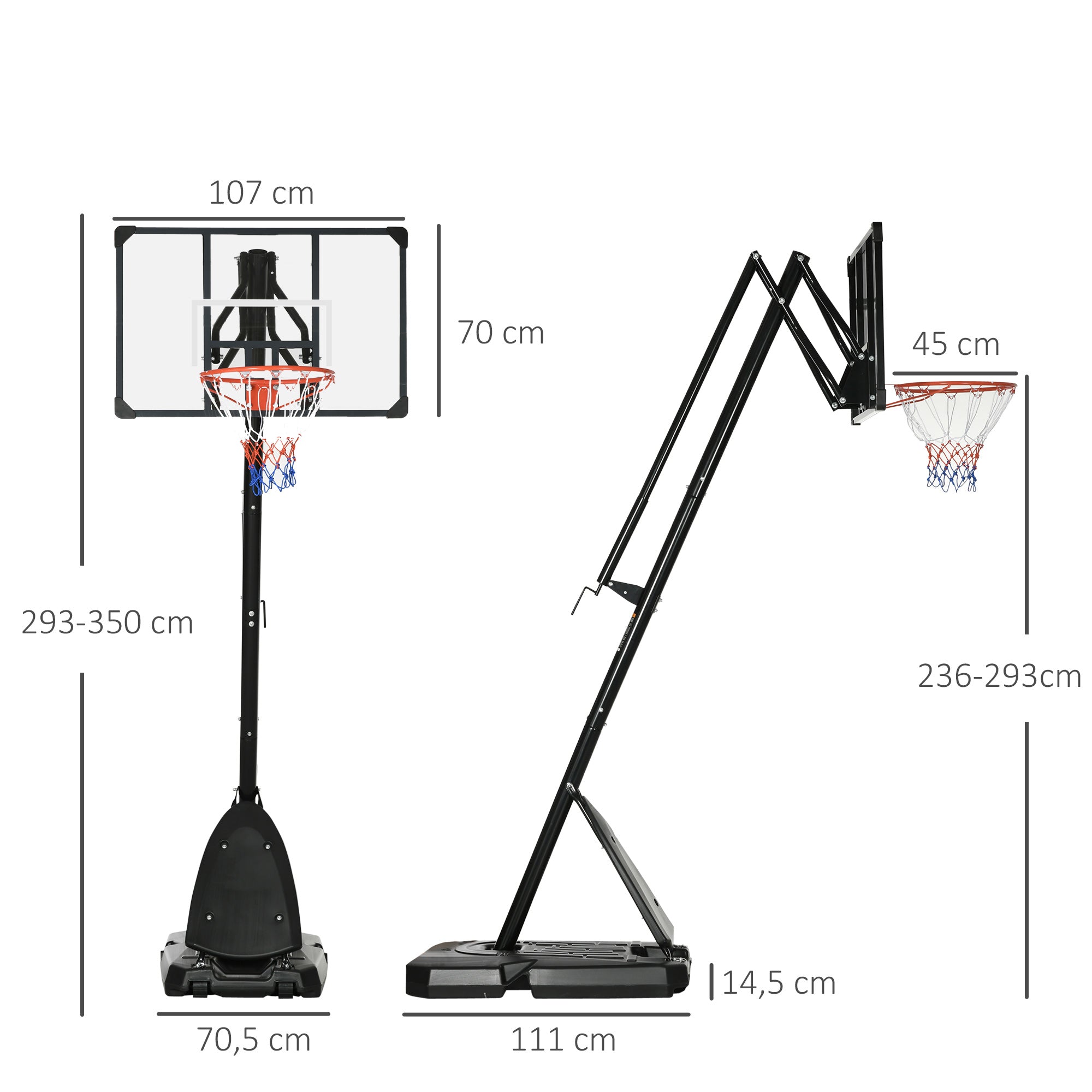 SPORTNOW Basketball Hoop Outdoor Basketball Stand with Wheels 107x70cm Backboard, Mobile Basketball Hoop with Stand, Adjustable Hoop Height 236-293 cm, Basketball System for Teens Adults