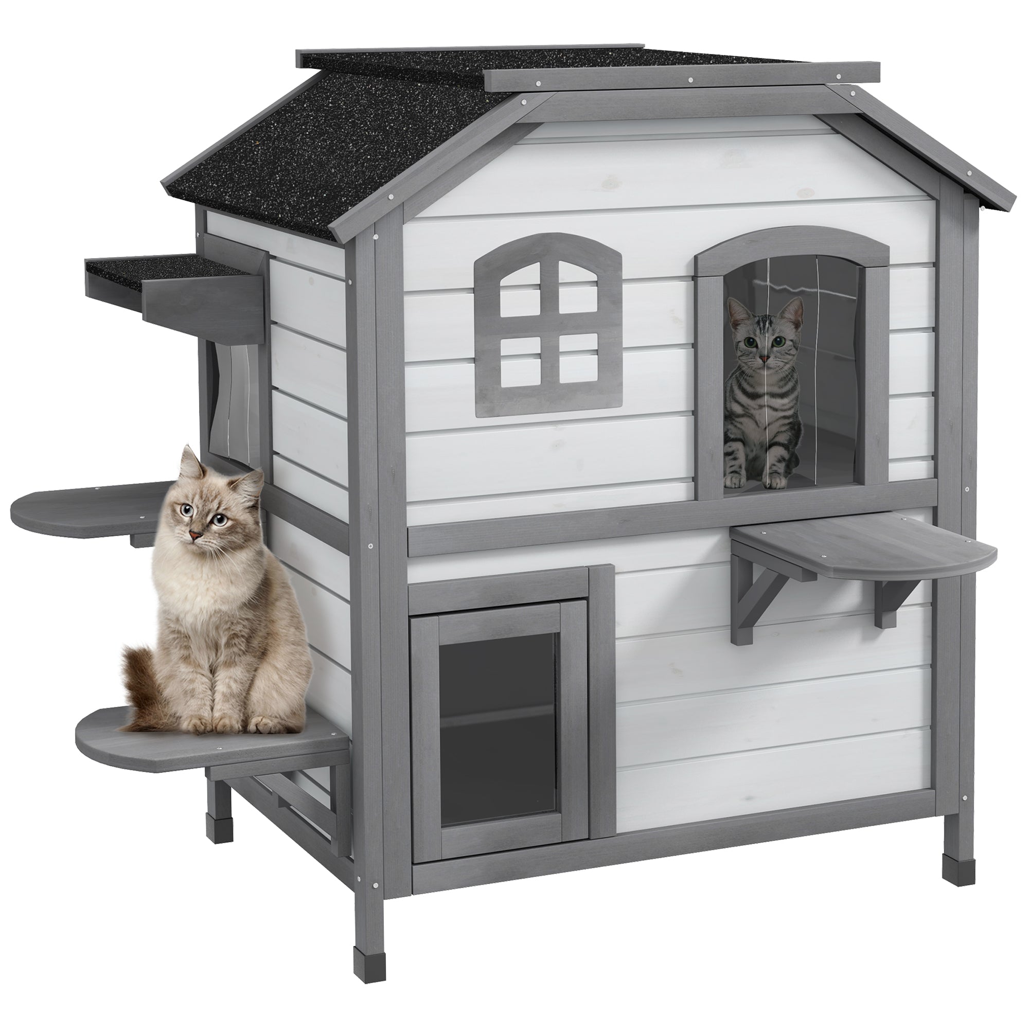 Wooden Cat House 2-Story Winterproof Waterproof Cat Cottage with Asphalt Roof Foldable Lid Stairs Cat Cave Outdoor Shelter for Outside Garden Balcony 78 x 55.5 x 91 cm White