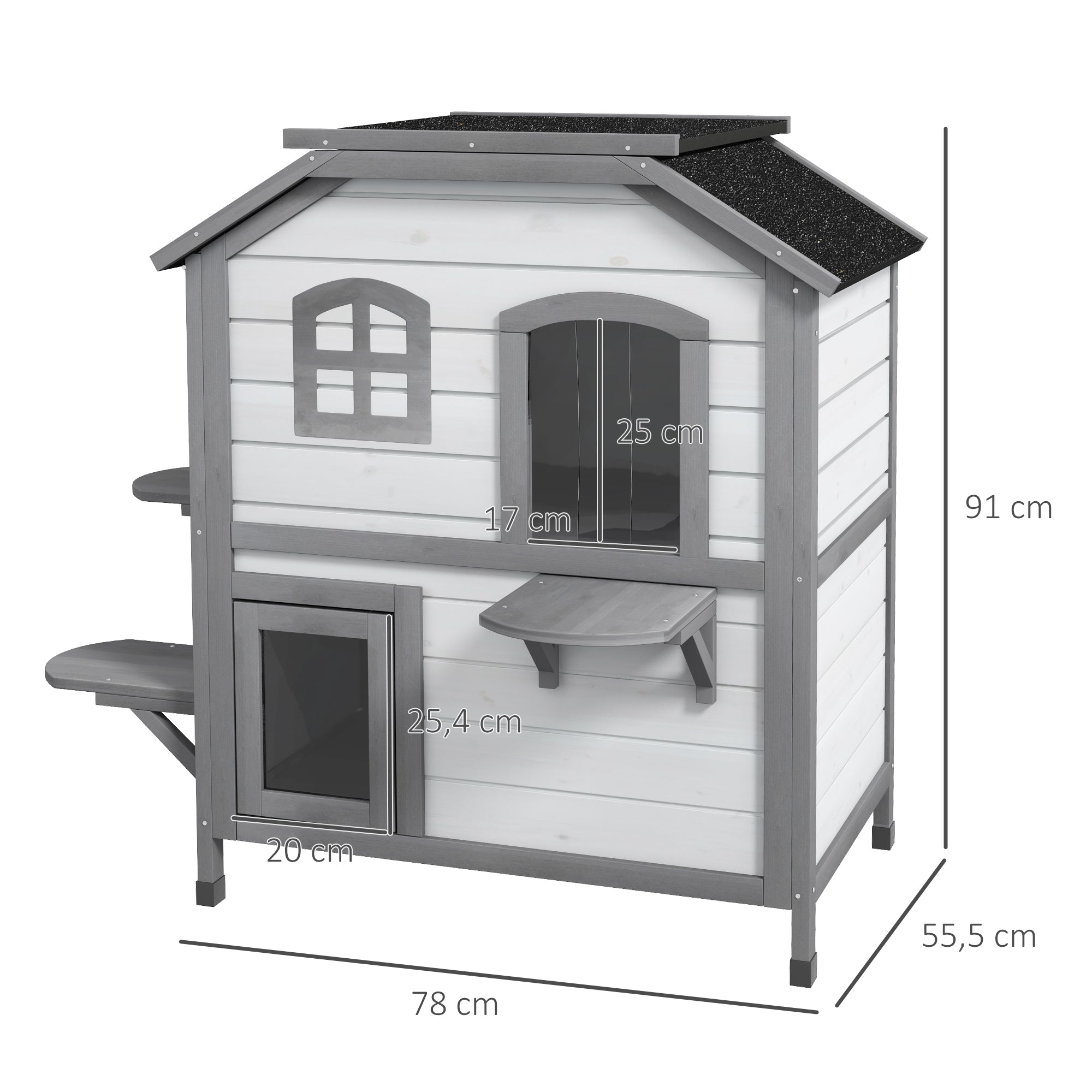 Wooden Cat House 2-Story Winterproof Waterproof Cat Cottage with Asphalt Roof Foldable Lid Stairs Cat Cave Outdoor Shelter for Outside Garden Balcony 78 x 55.5 x 91 cm White