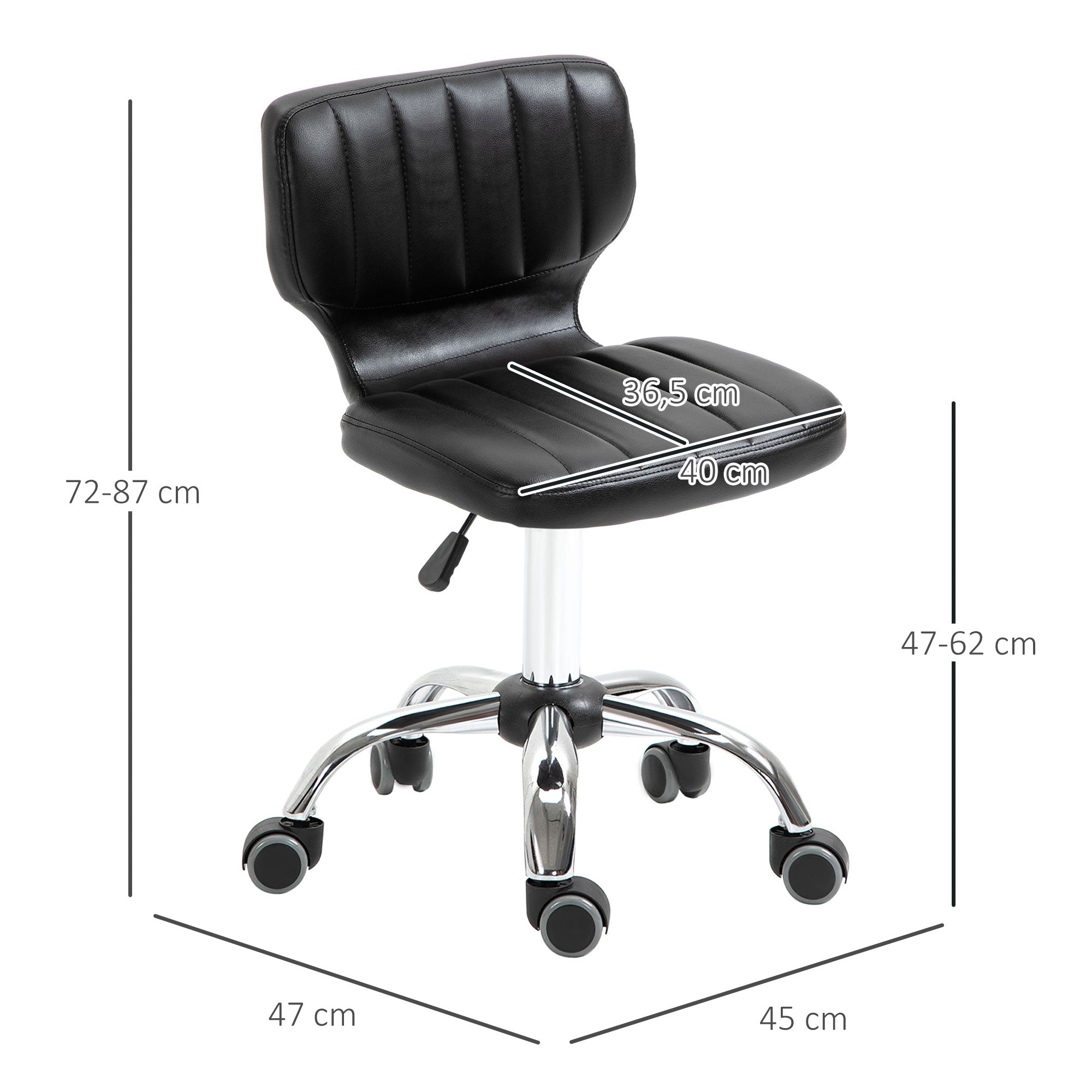 Rolling Stool - 360° swivel work stool - ergonomic stool - adjustable seat height 47-62 cm - padded synthetic cover black chrome metal