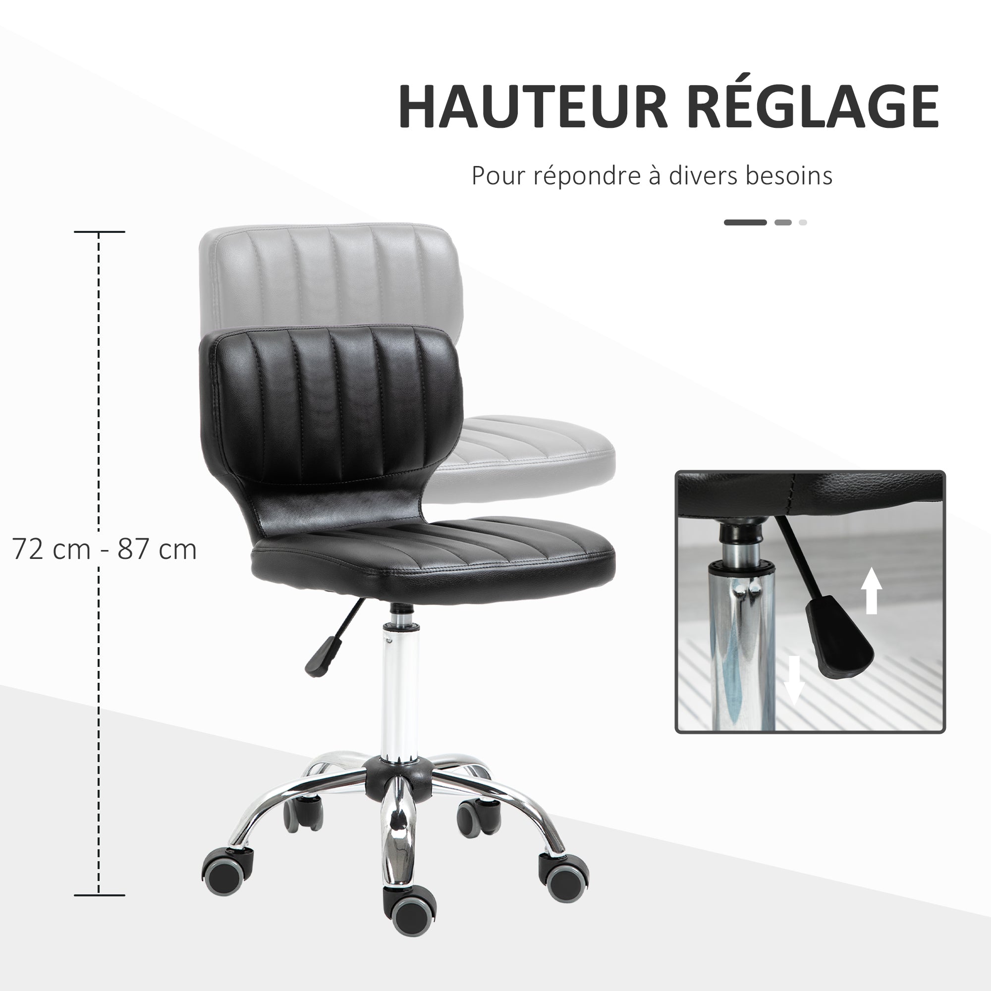 Rolling Stool - 360° swivel work stool - ergonomic stool - adjustable seat height 47-62 cm - padded synthetic cover black chrome metal