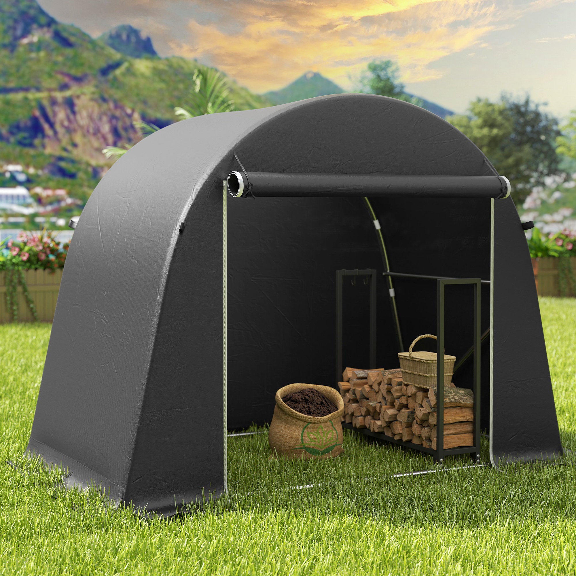 Waterproof Garage Tent 245 x 120 x 200 cm (96.5 x 47.2 x 78.7 in) — Bike Shelter with Roll-Up Zipper Door, Weatherproof Storage Tent, Galvanized Frame, Dark Gray